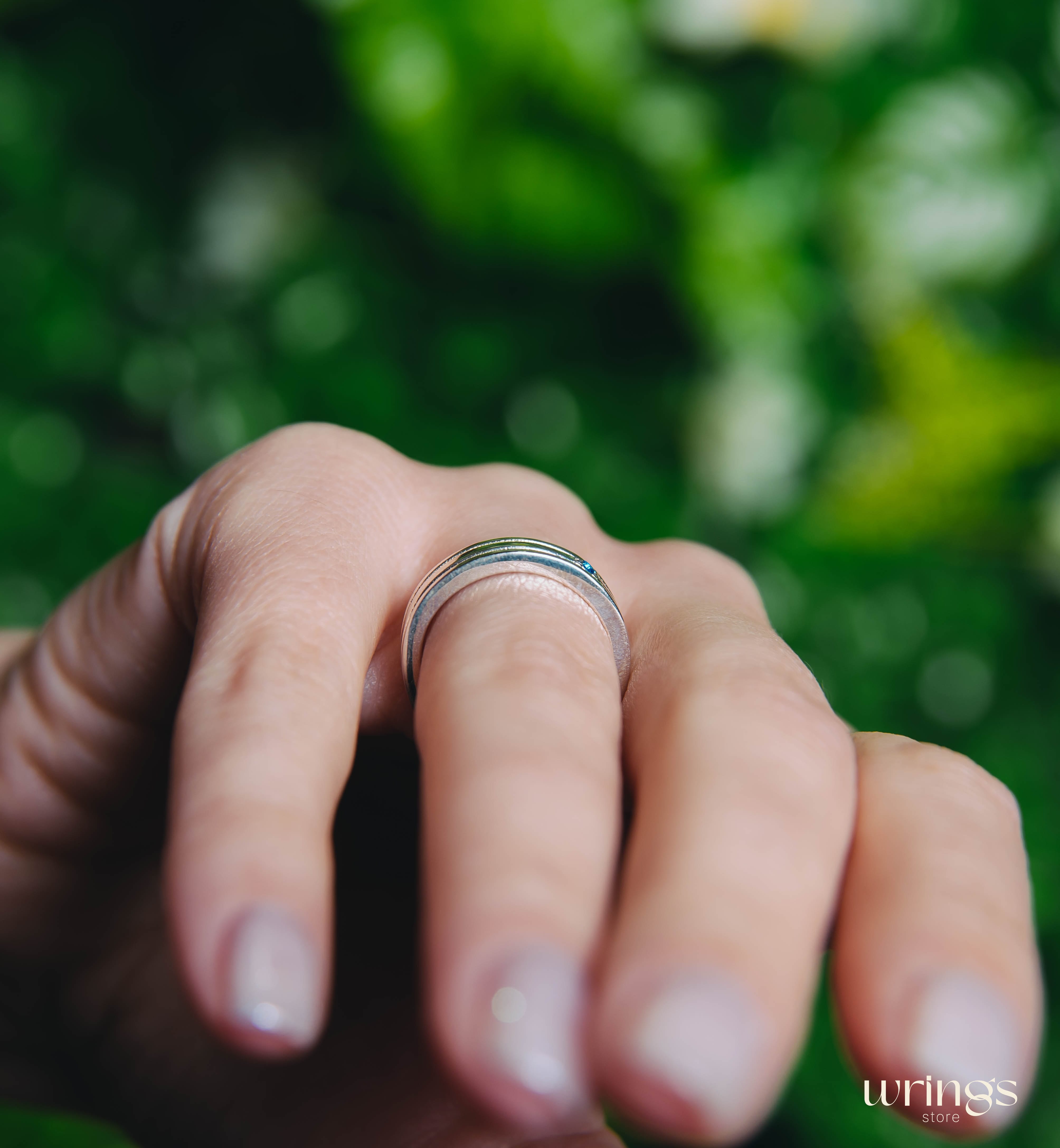 Womens Engraved Silver Wedding Band with Sapphire