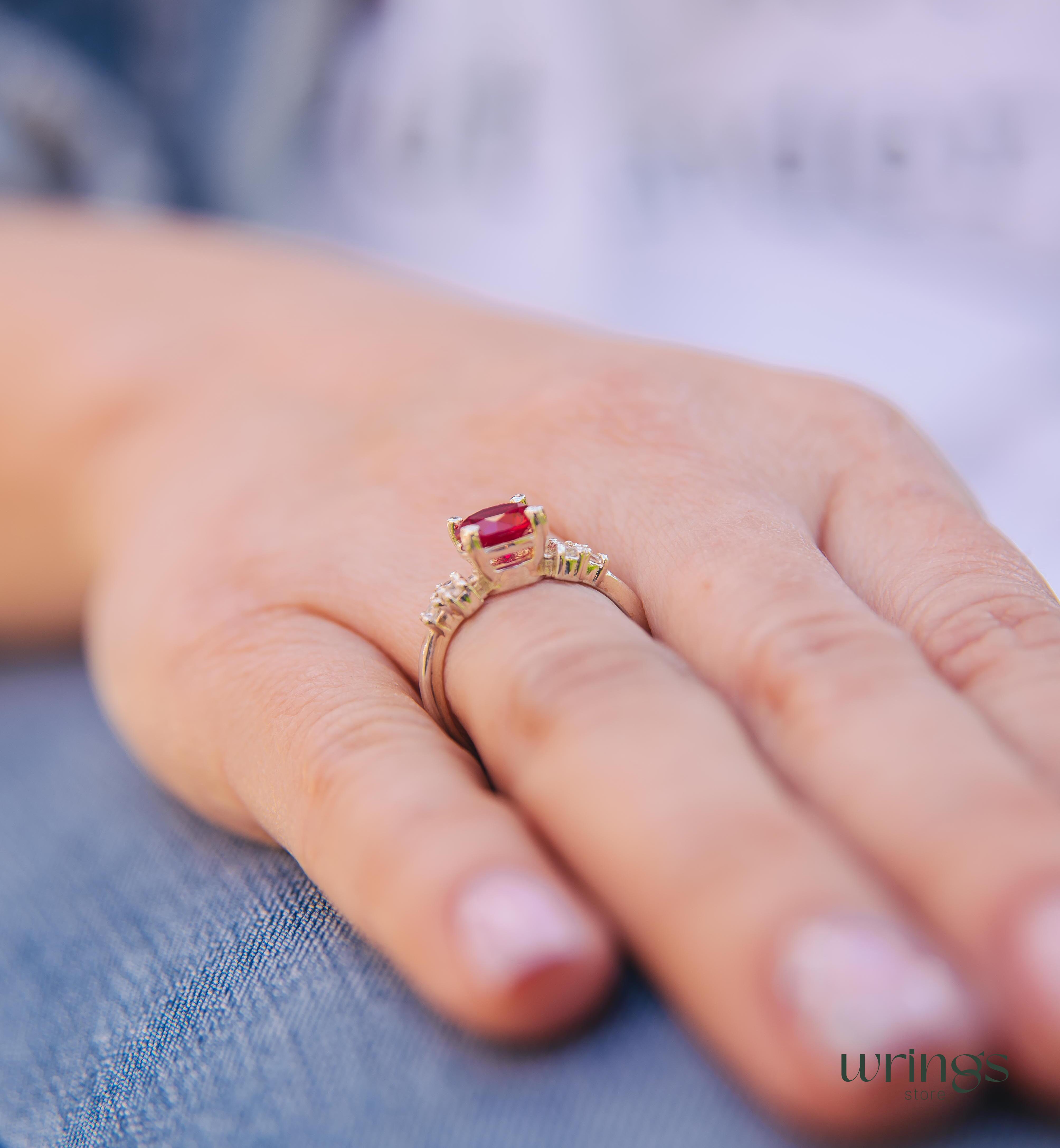 Large Simulated Ruby Engagement Ring Cluster Side Stones