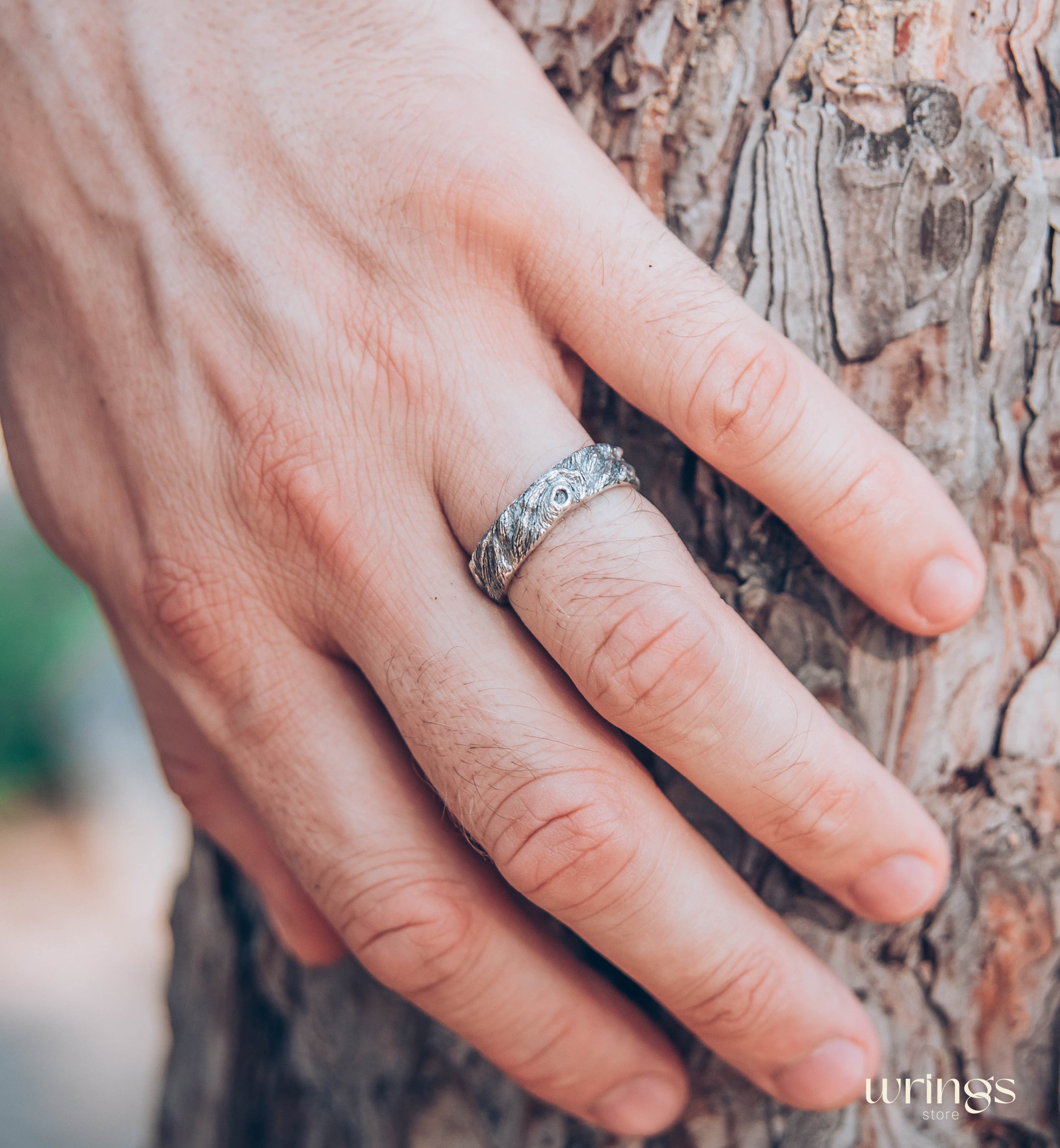 Oxidized Silver Tree bark Men's Large Wedding Band