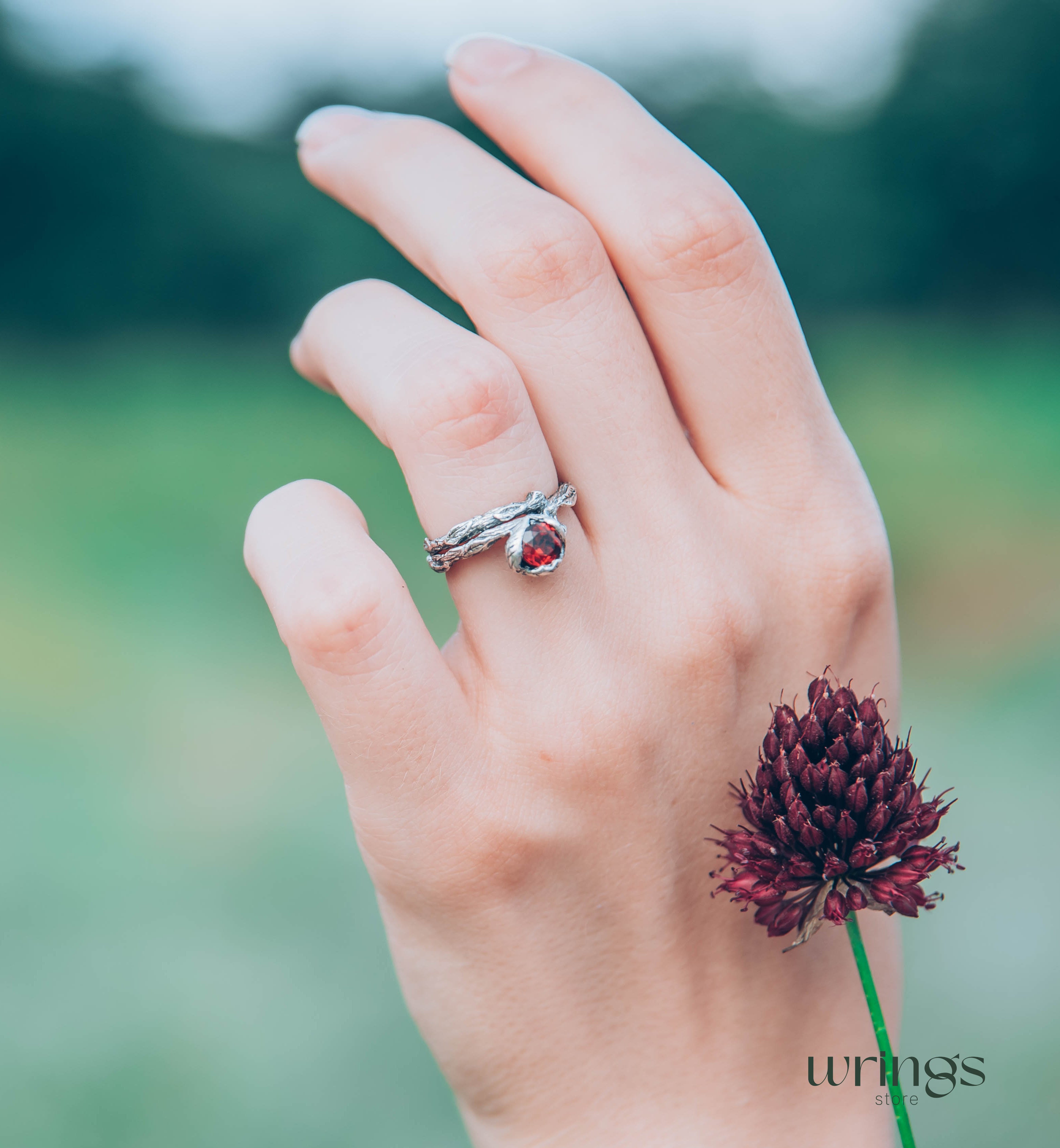 Unusual Branch and Leaves Silver Garnet Engagement Ring