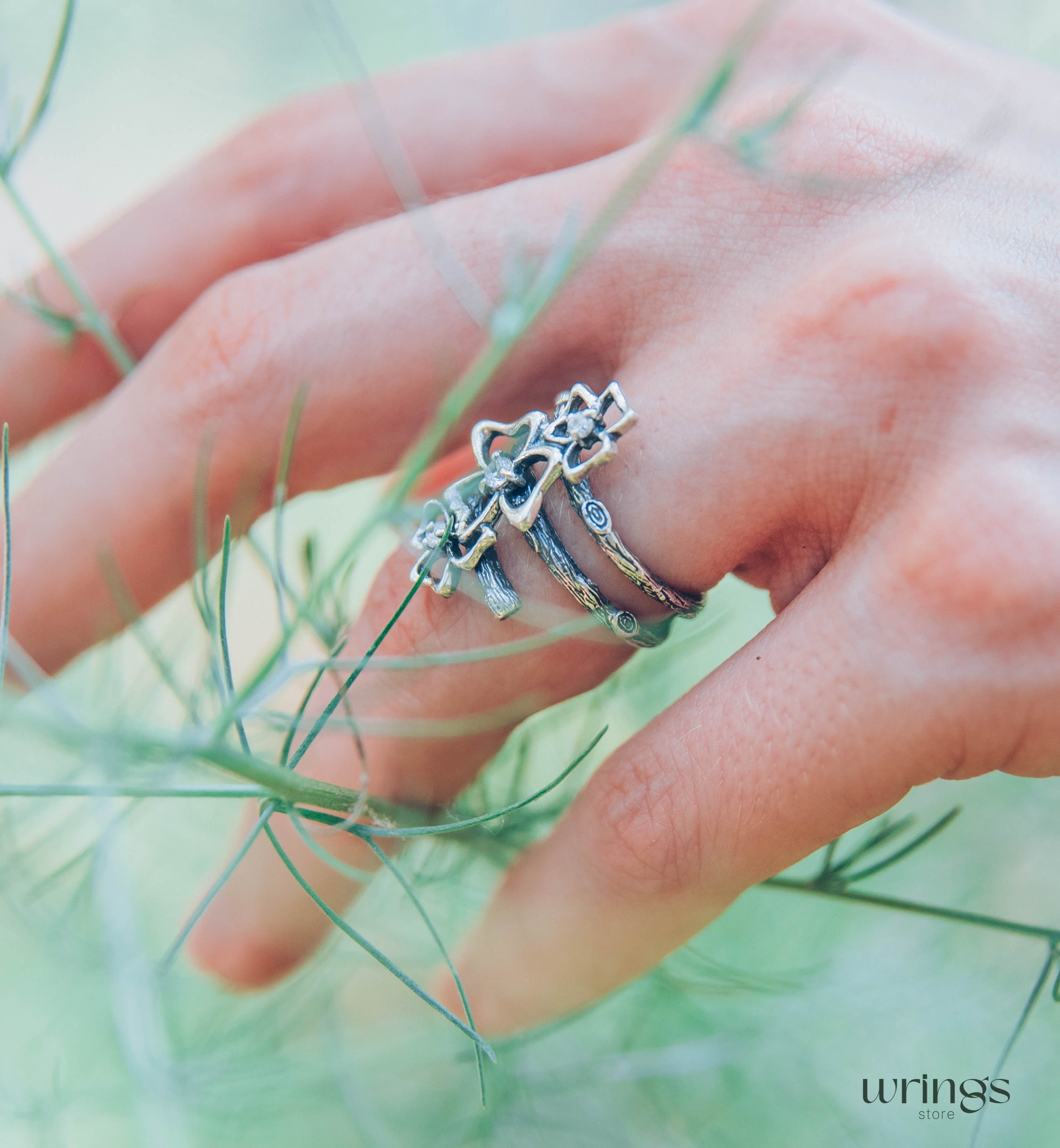 Triple Cubic Zirconia Trefoils on the Silver Branches Ring
