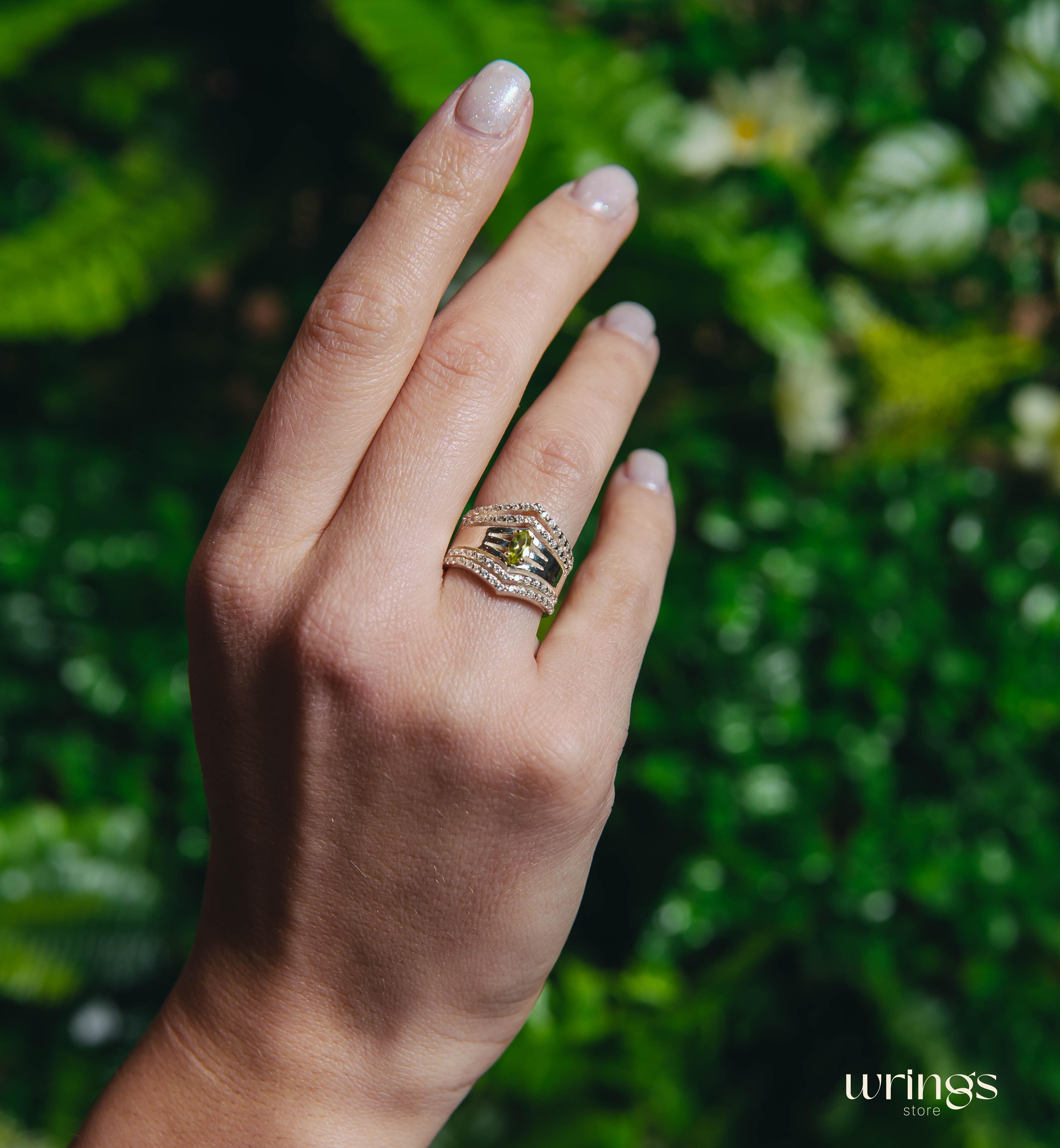 Wide Double Chevron Statement Ring Peridot & Diamonds