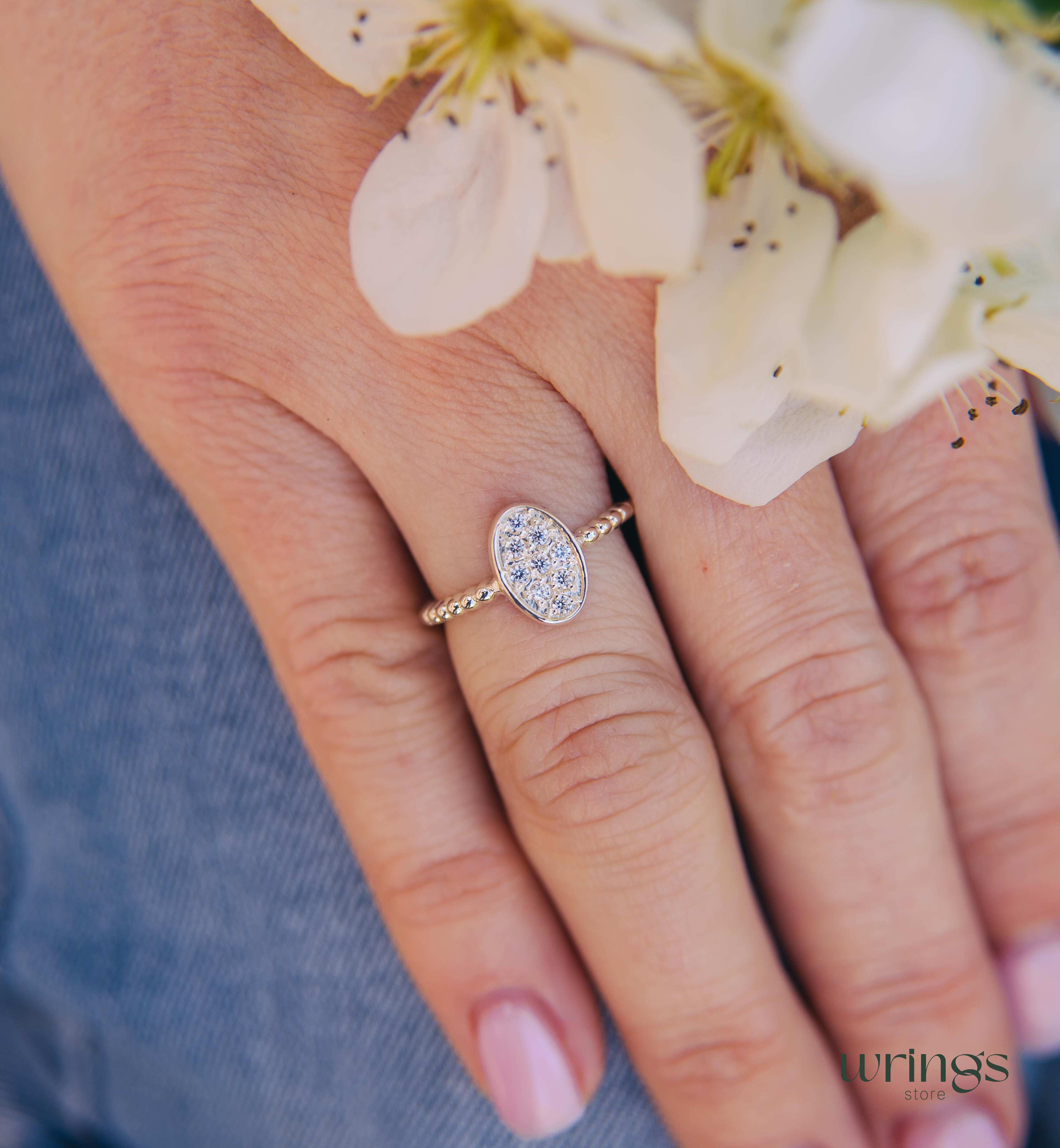 Pave Style Diamonds Bubble Oval Ring Silver