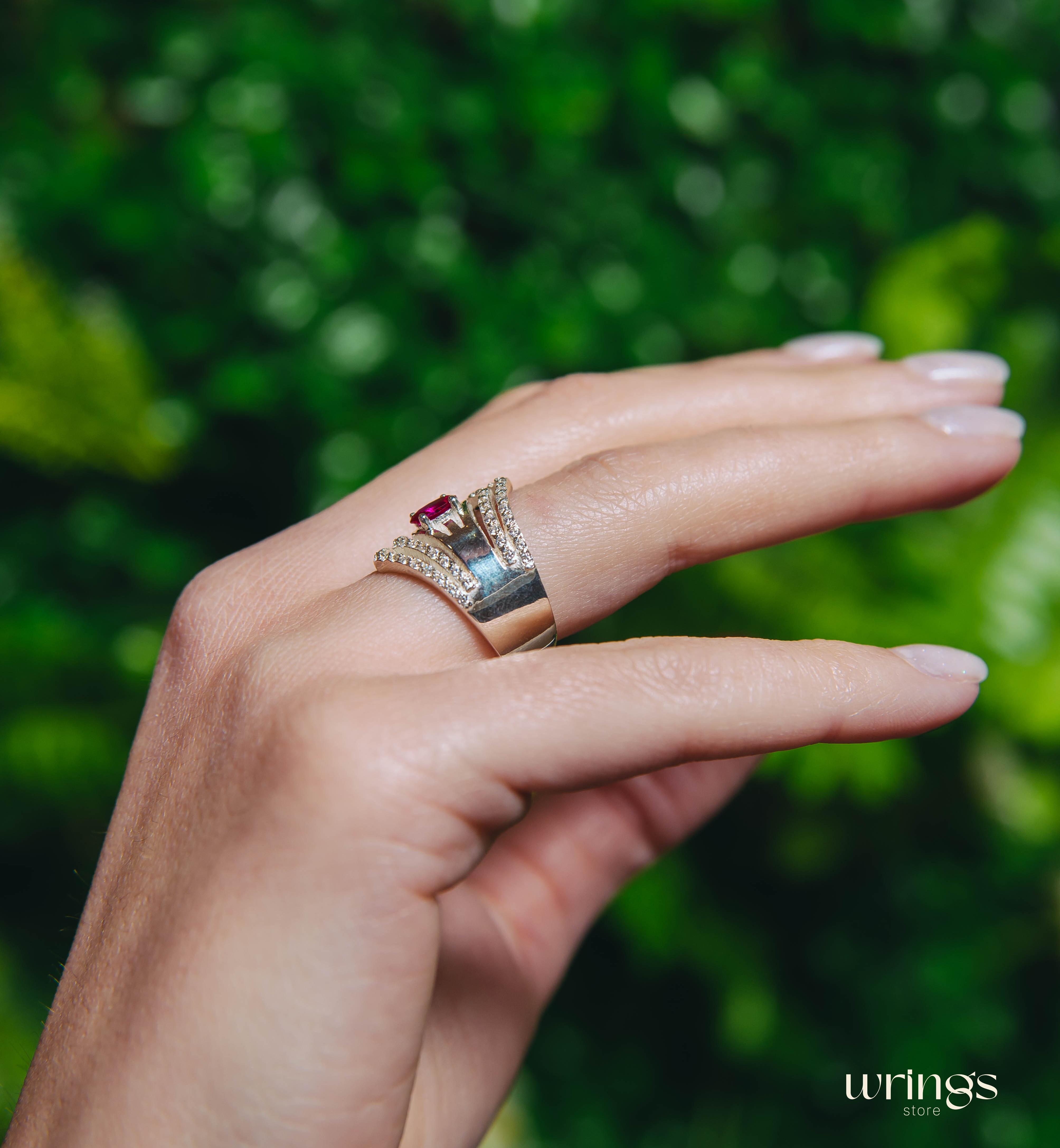 Extra Wide Silver Chevron Band Oval Ruby & Faux Diamonds