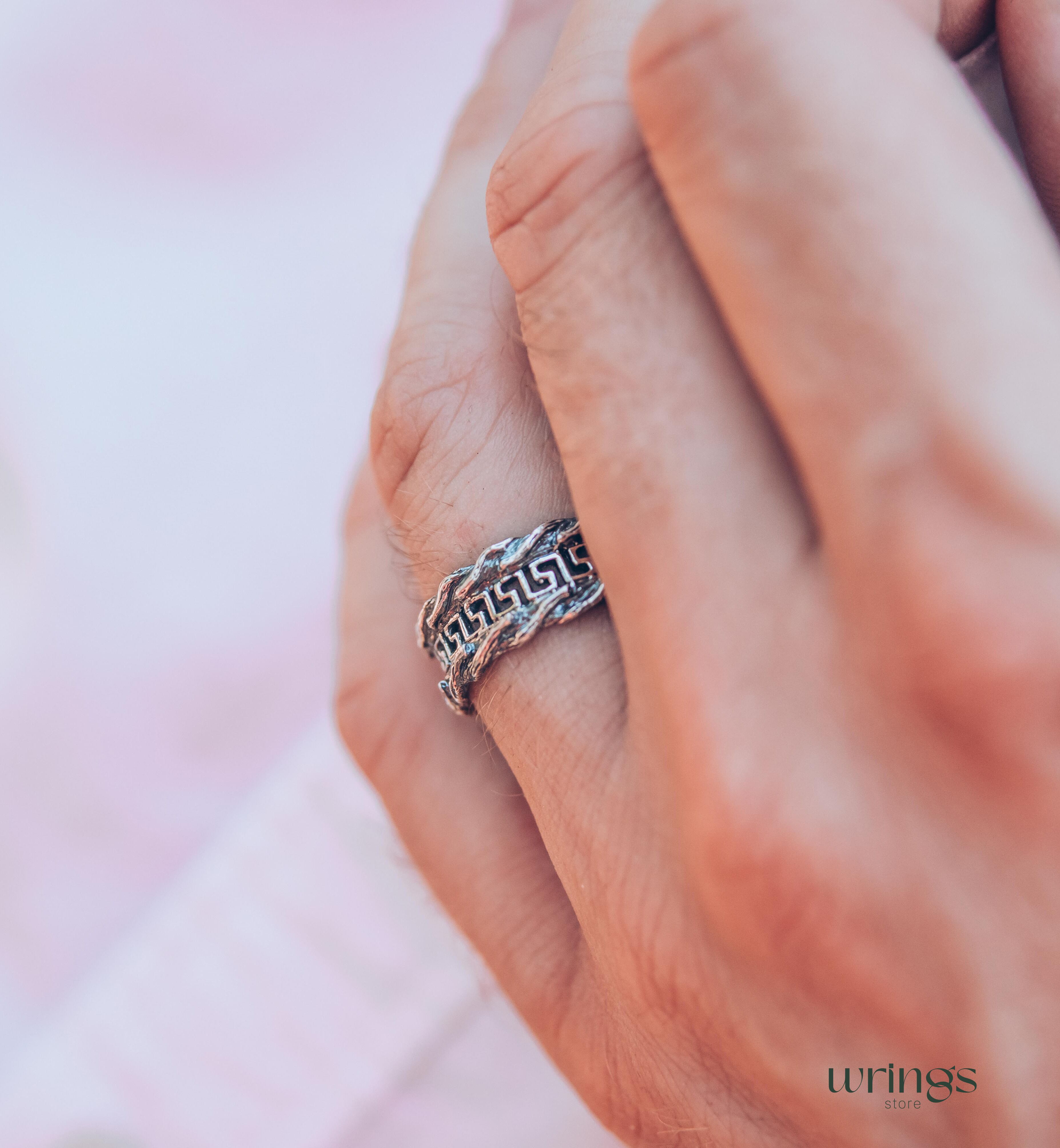 Men's Greek key & Tree bark Silver Wedding Band