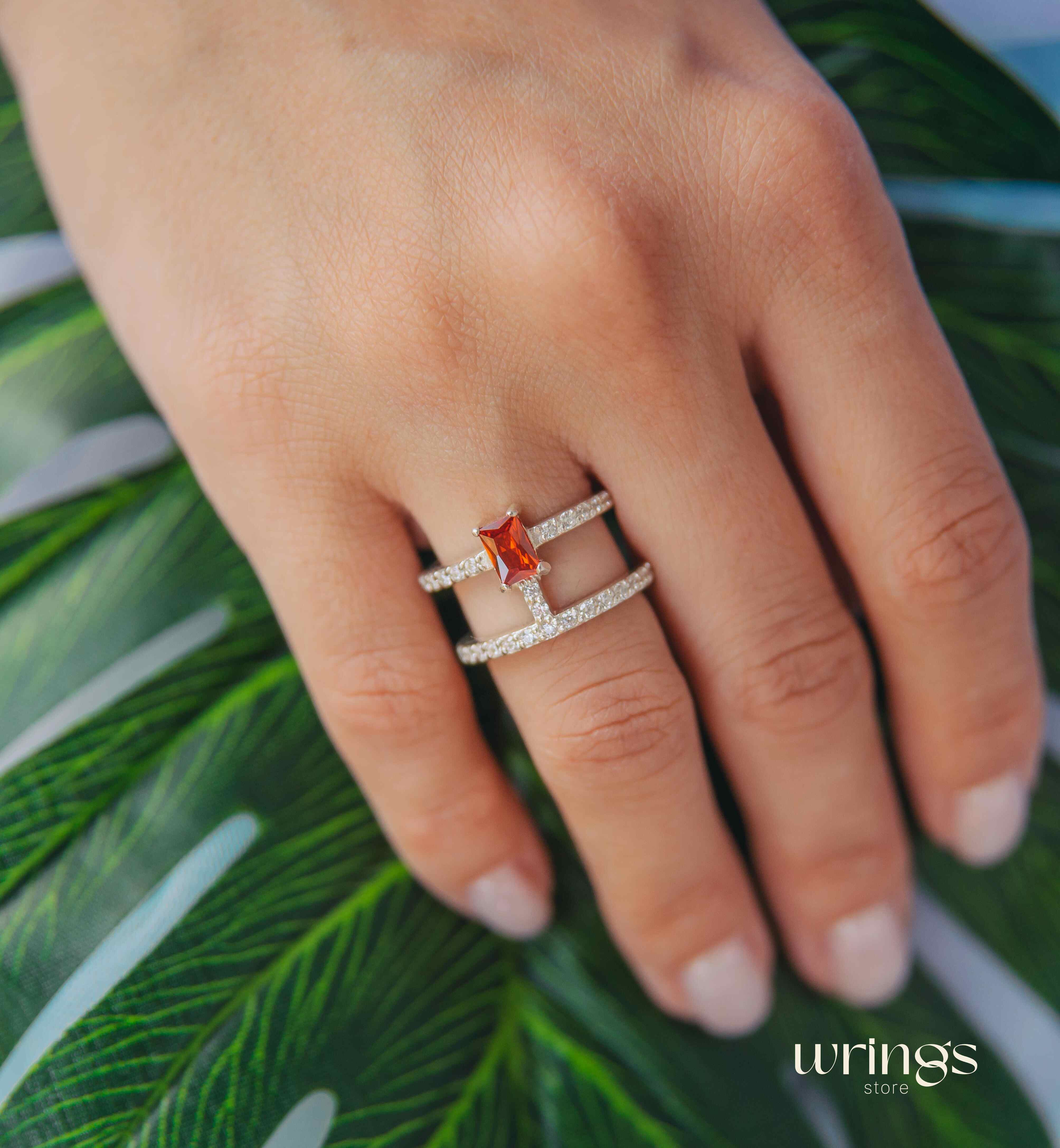 Garnet Two Band Engagement Ring Multiple CZ Stones