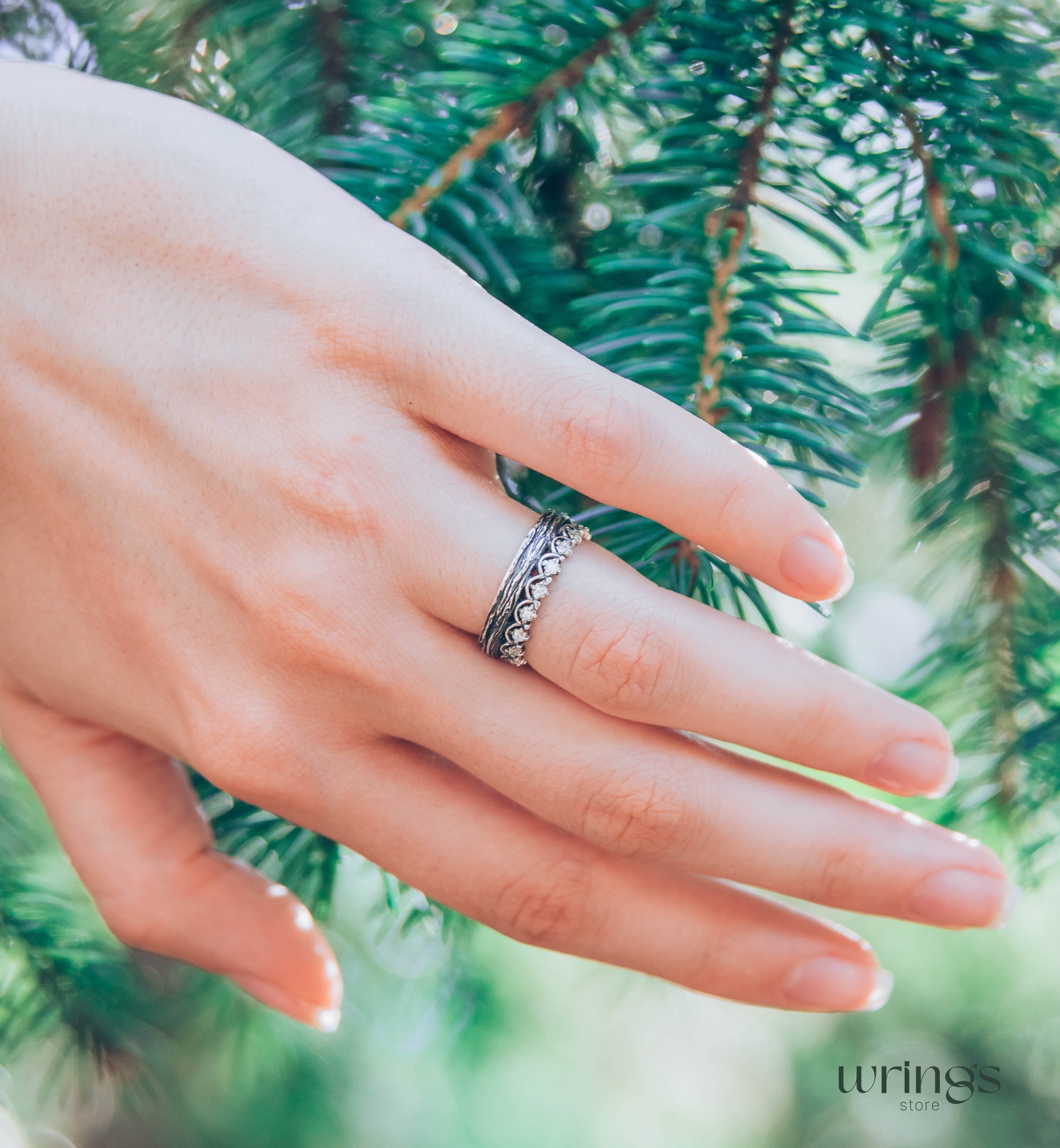 Princess Crown Wedding Ring with Gems & Twig Silver Band