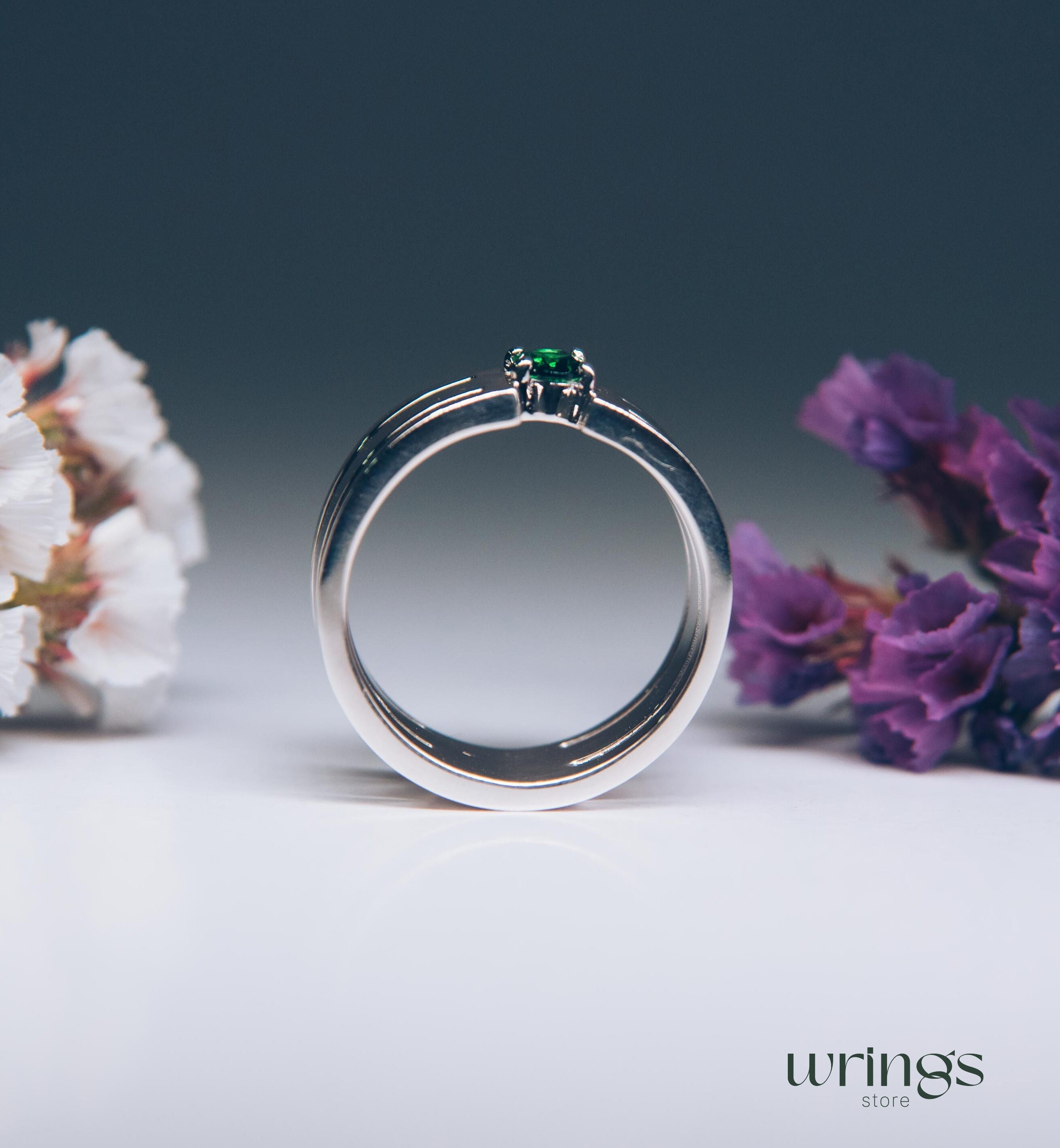 Green Oval Stone Extra Wide Wedding Band Solid Silver