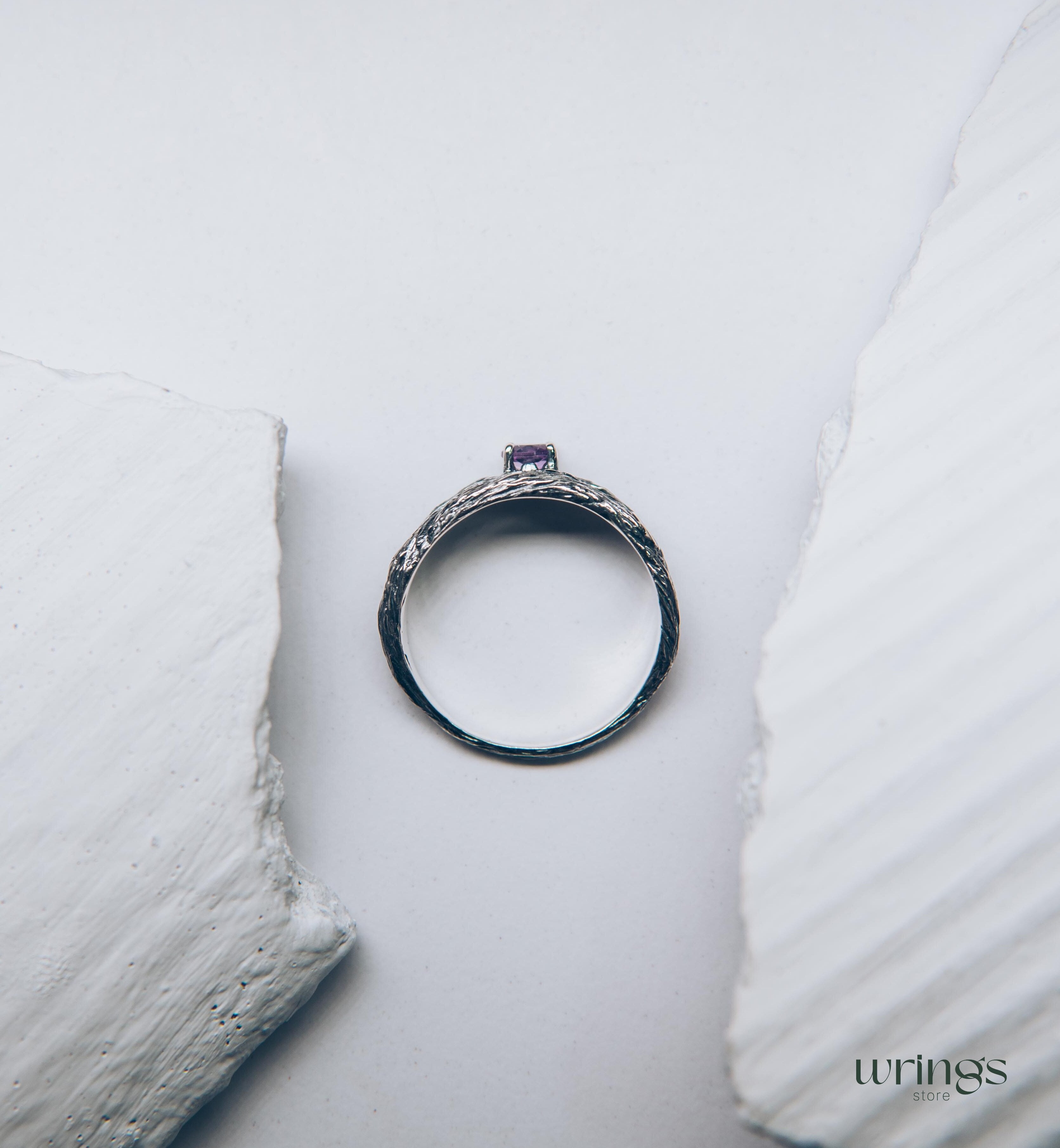 Amethyst & Branch Double Band Engagement Ring Sterling Silver