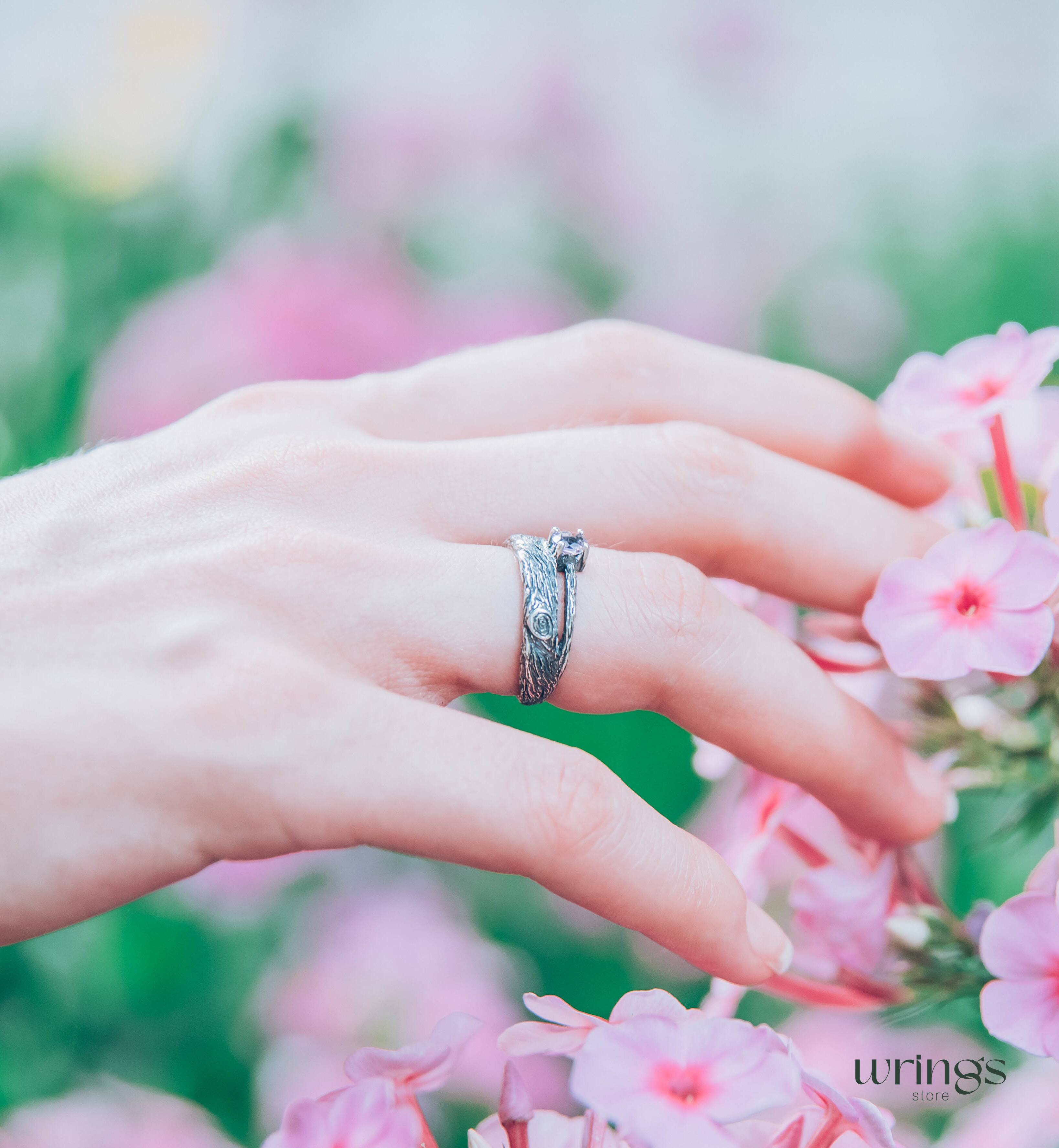 Amethyst & Branch Double Band Engagement Ring Sterling Silver