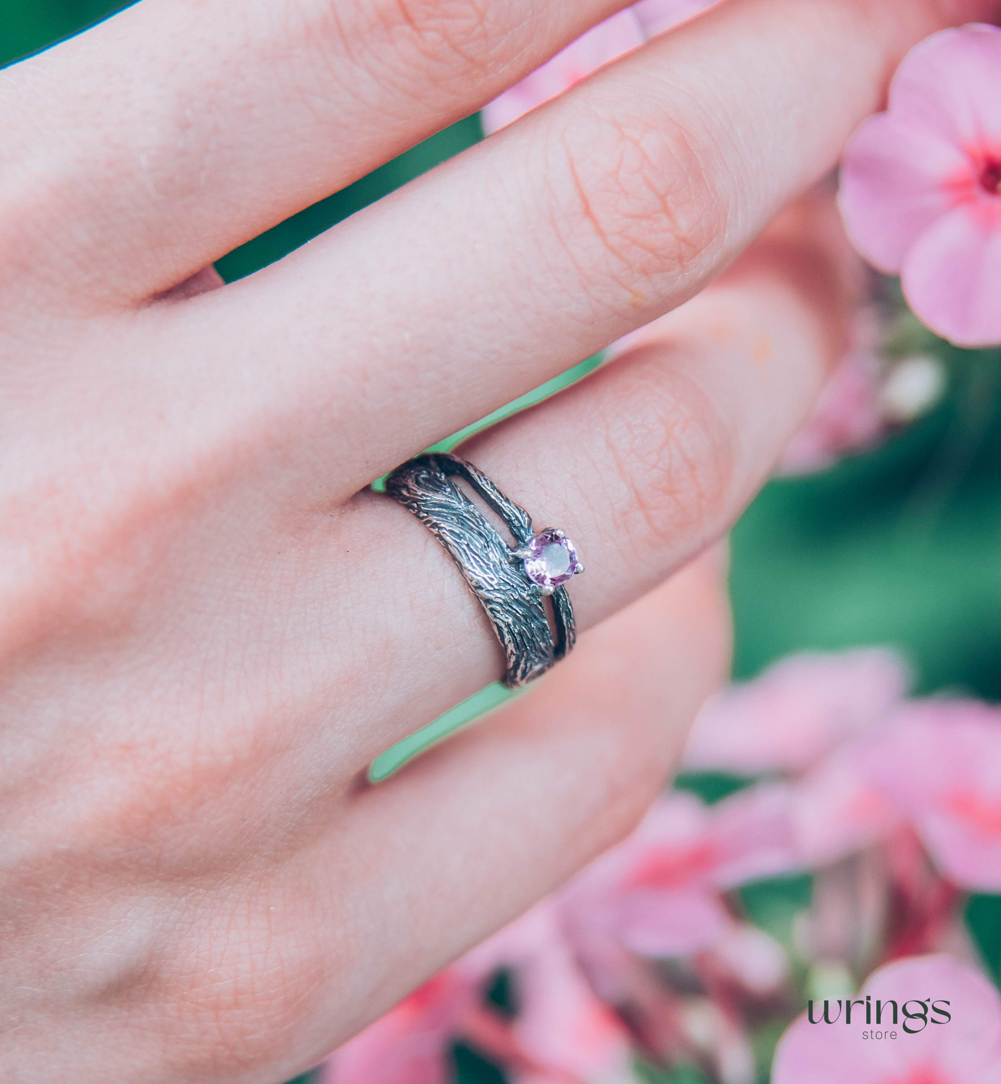 Amethyst & Branch Double Band Engagement Ring Sterling Silver