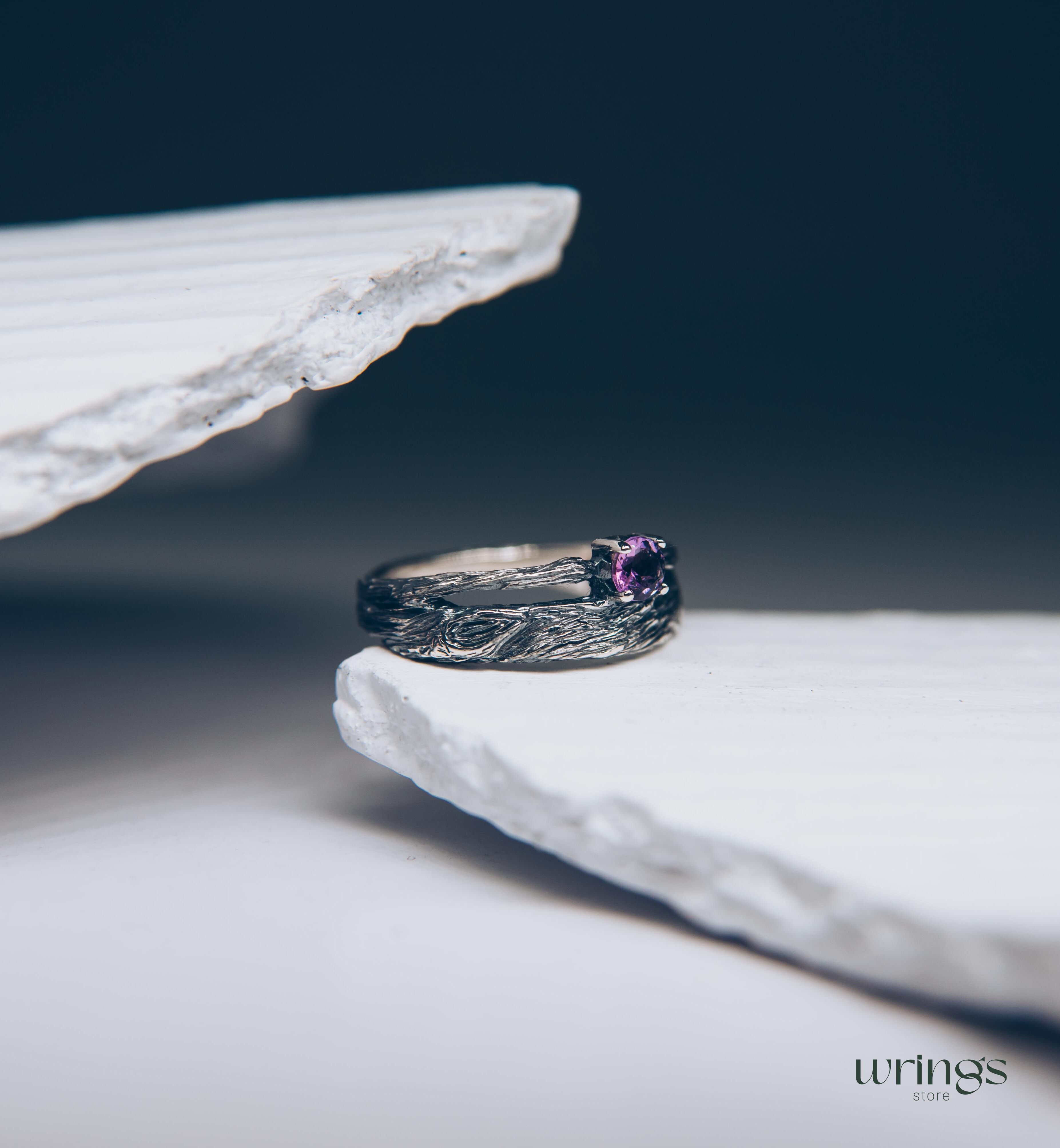 Amethyst & Branch Double Band Engagement Ring Sterling Silver