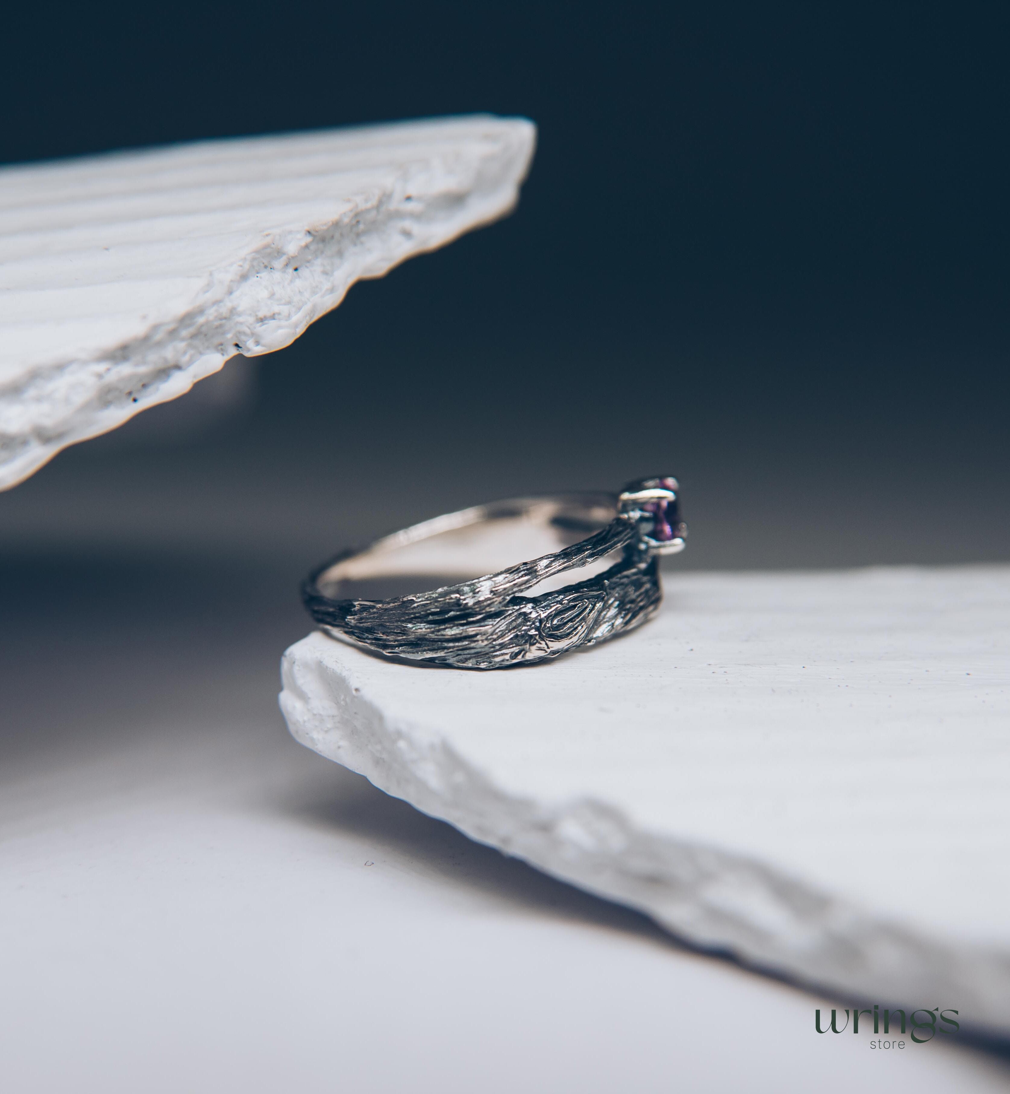 Amethyst & Branch Double Band Engagement Ring Sterling Silver