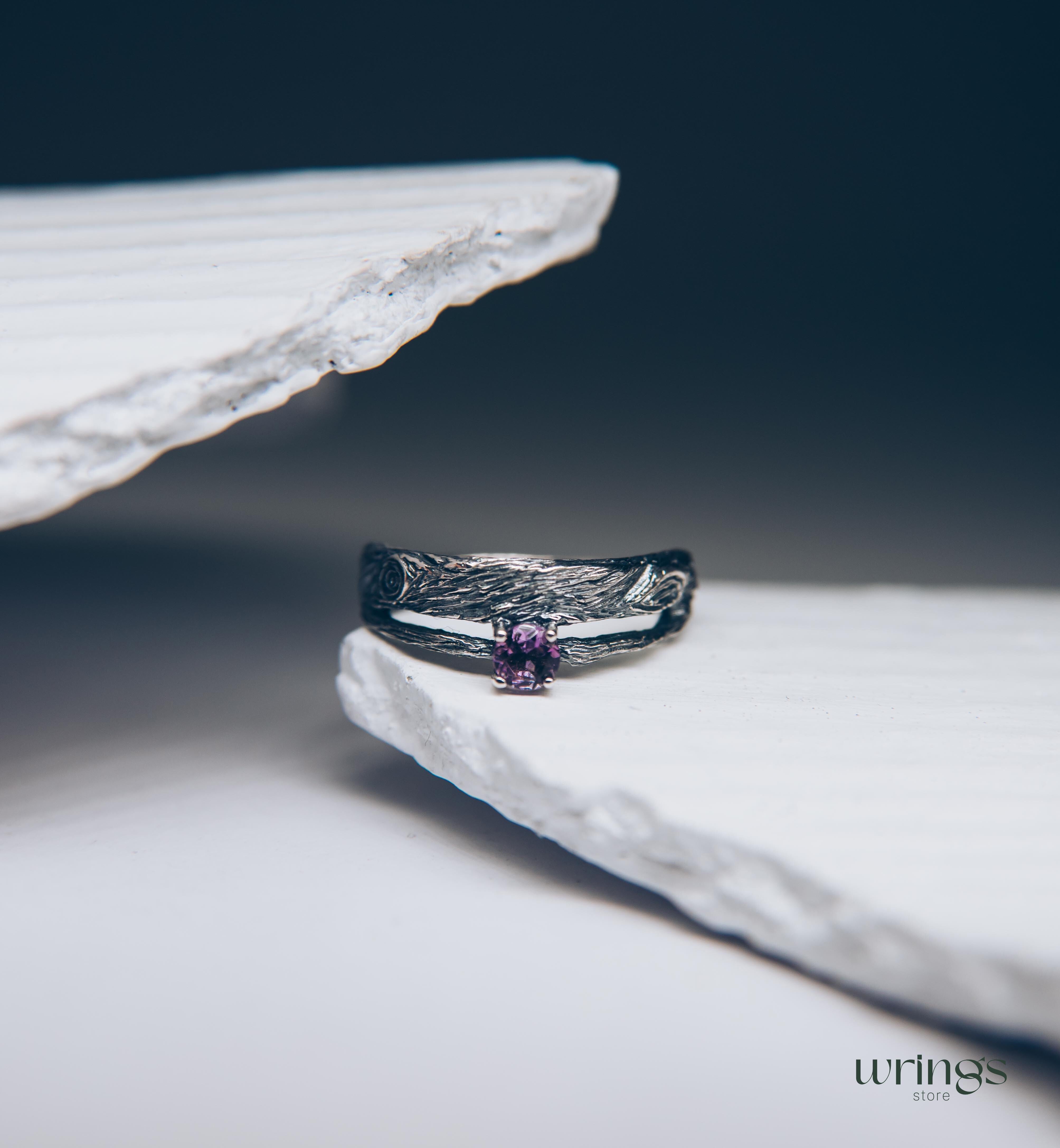 Amethyst & Branch Double Band Engagement Ring Sterling Silver