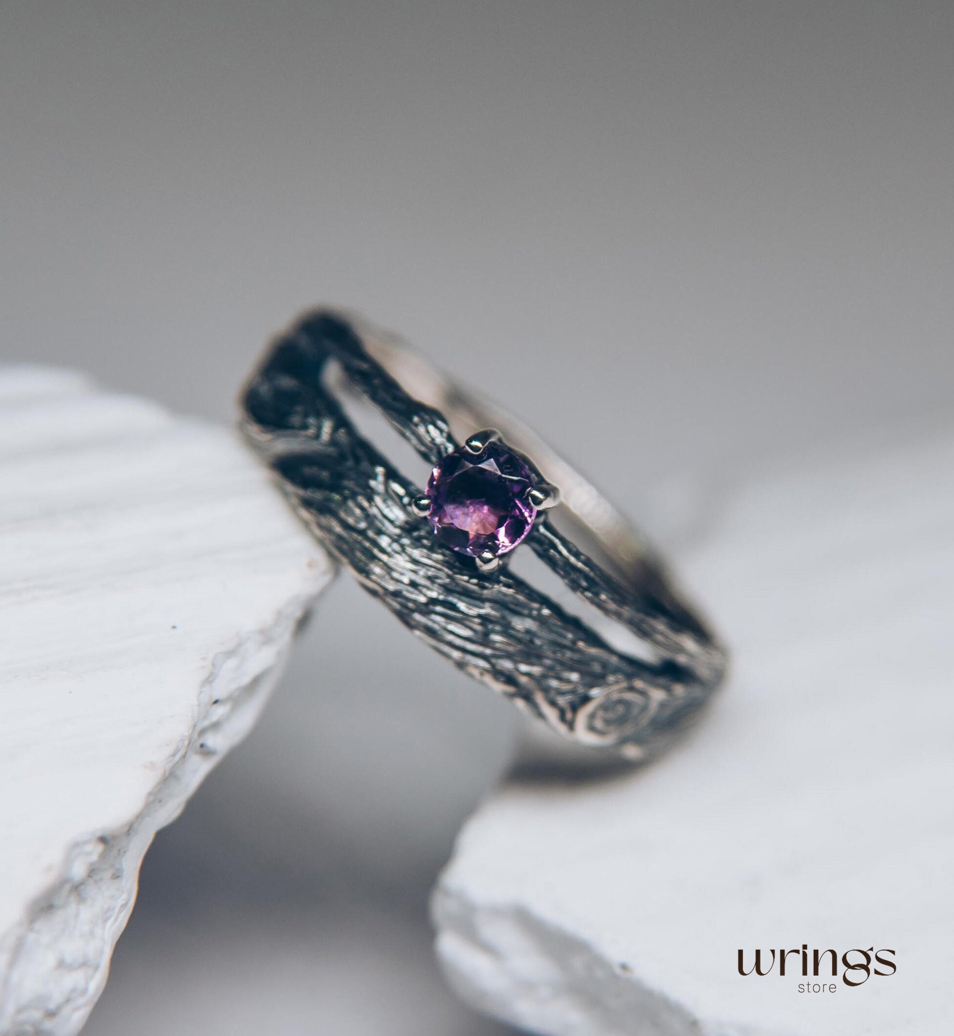 Amethyst & Branch Double Band Engagement Ring Sterling Silver