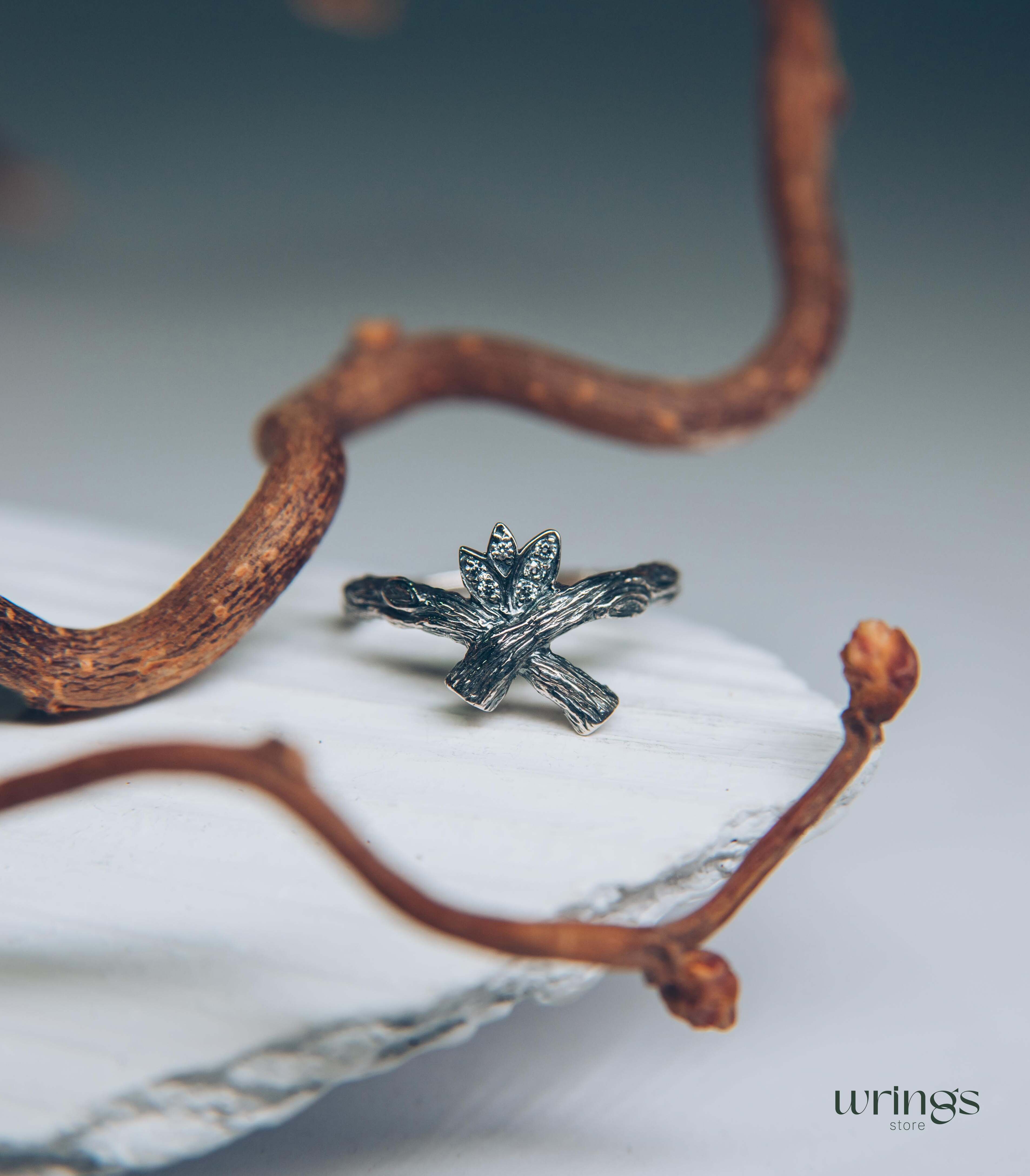 Crossed Silver Twig Ring with CZ in Leaves