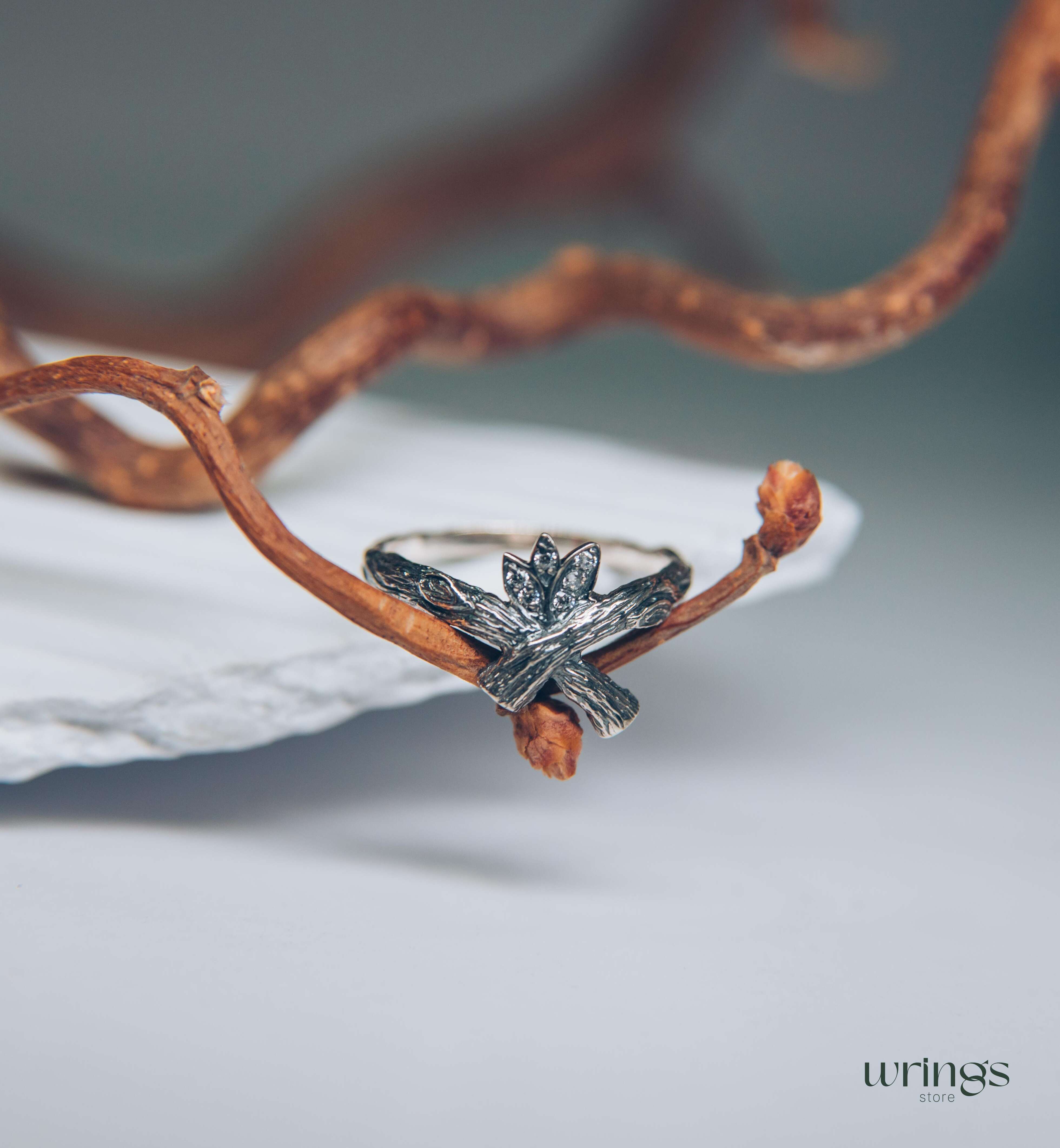 Crossed Silver Twig Ring with CZ in Leaves