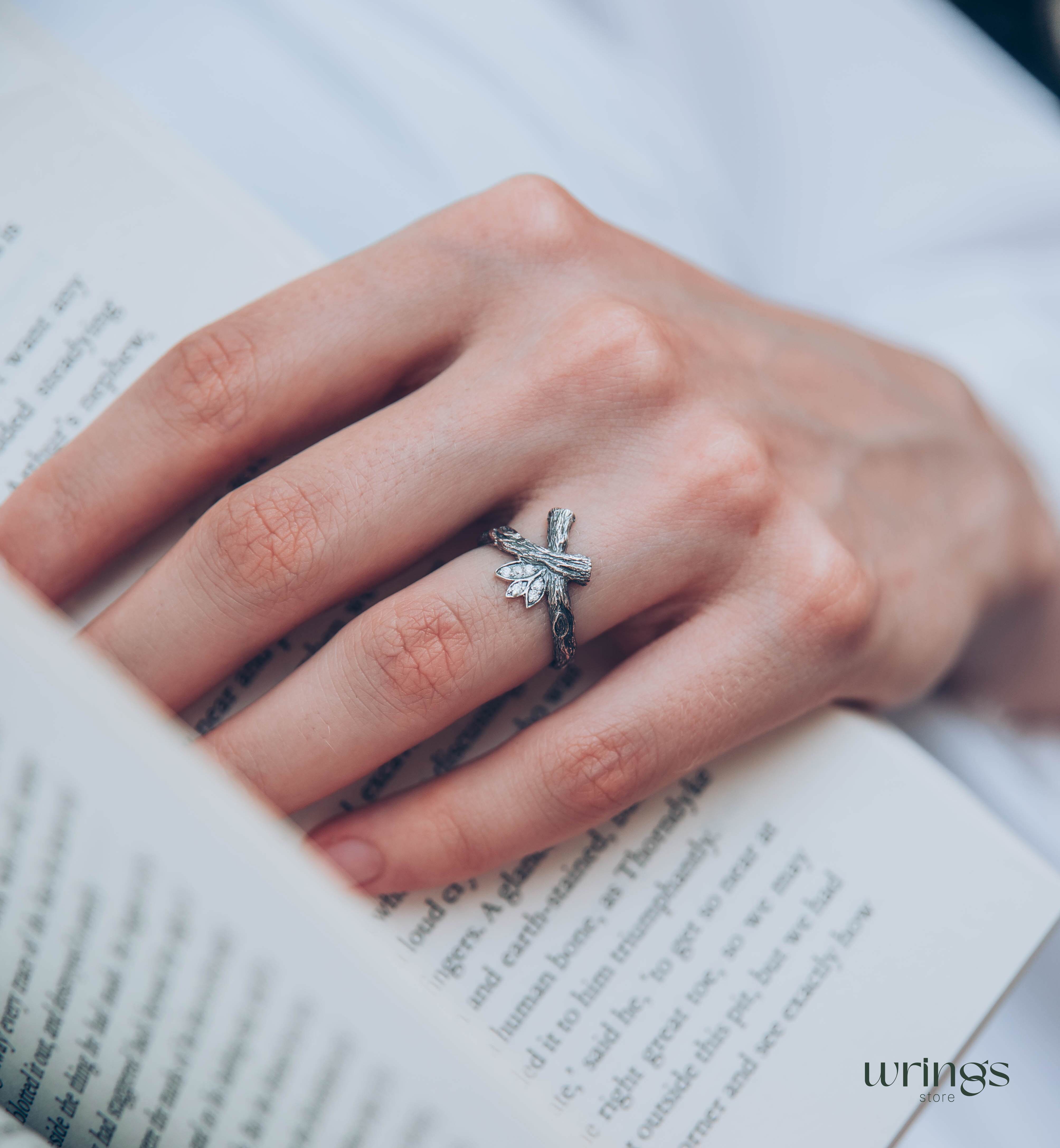 Crossed Silver Twig Ring with CZ in Leaves