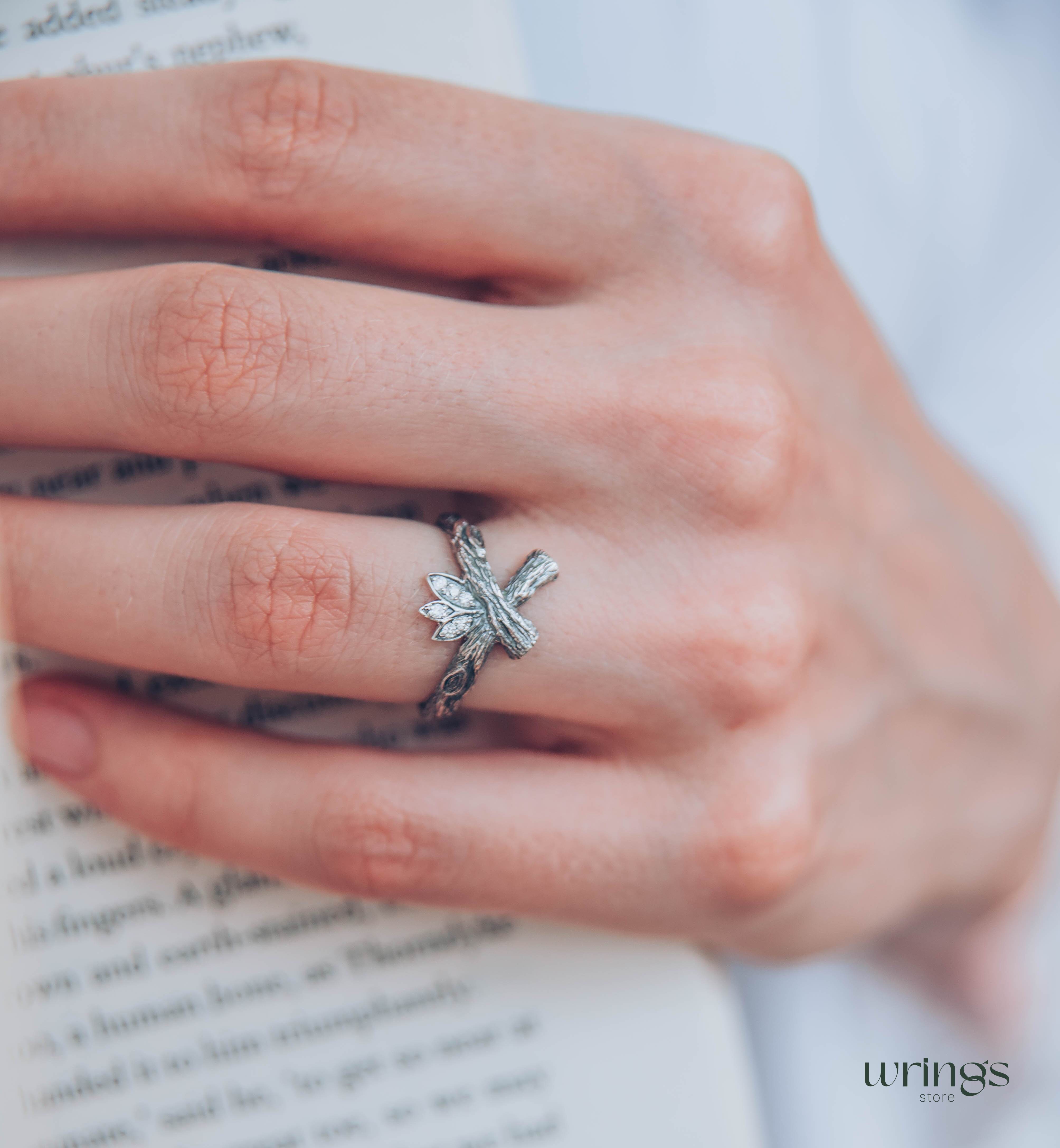 Crossed Silver Twig Ring with CZ in Leaves