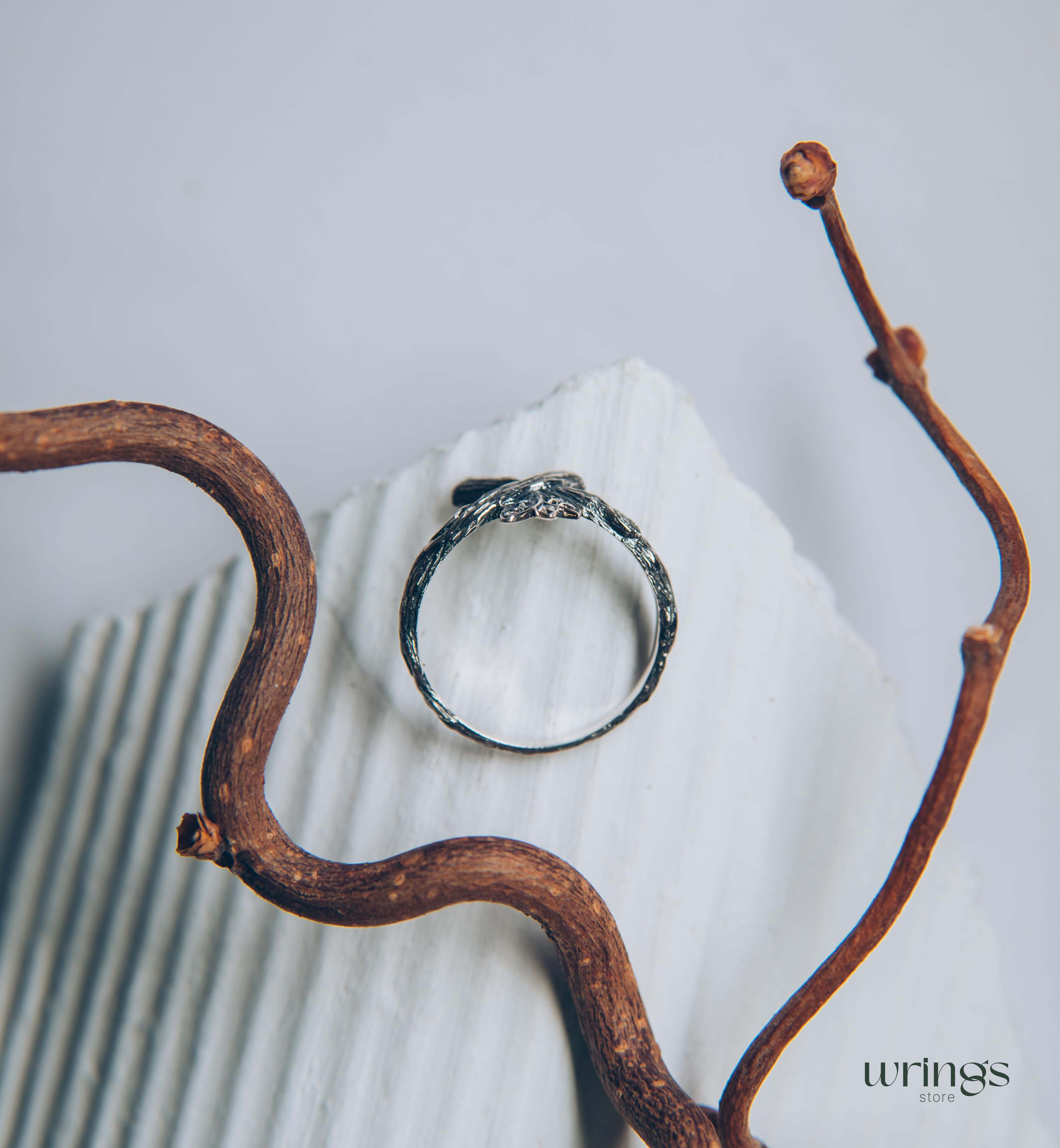 Crossed Silver Twig Ring with CZ in Leaves
