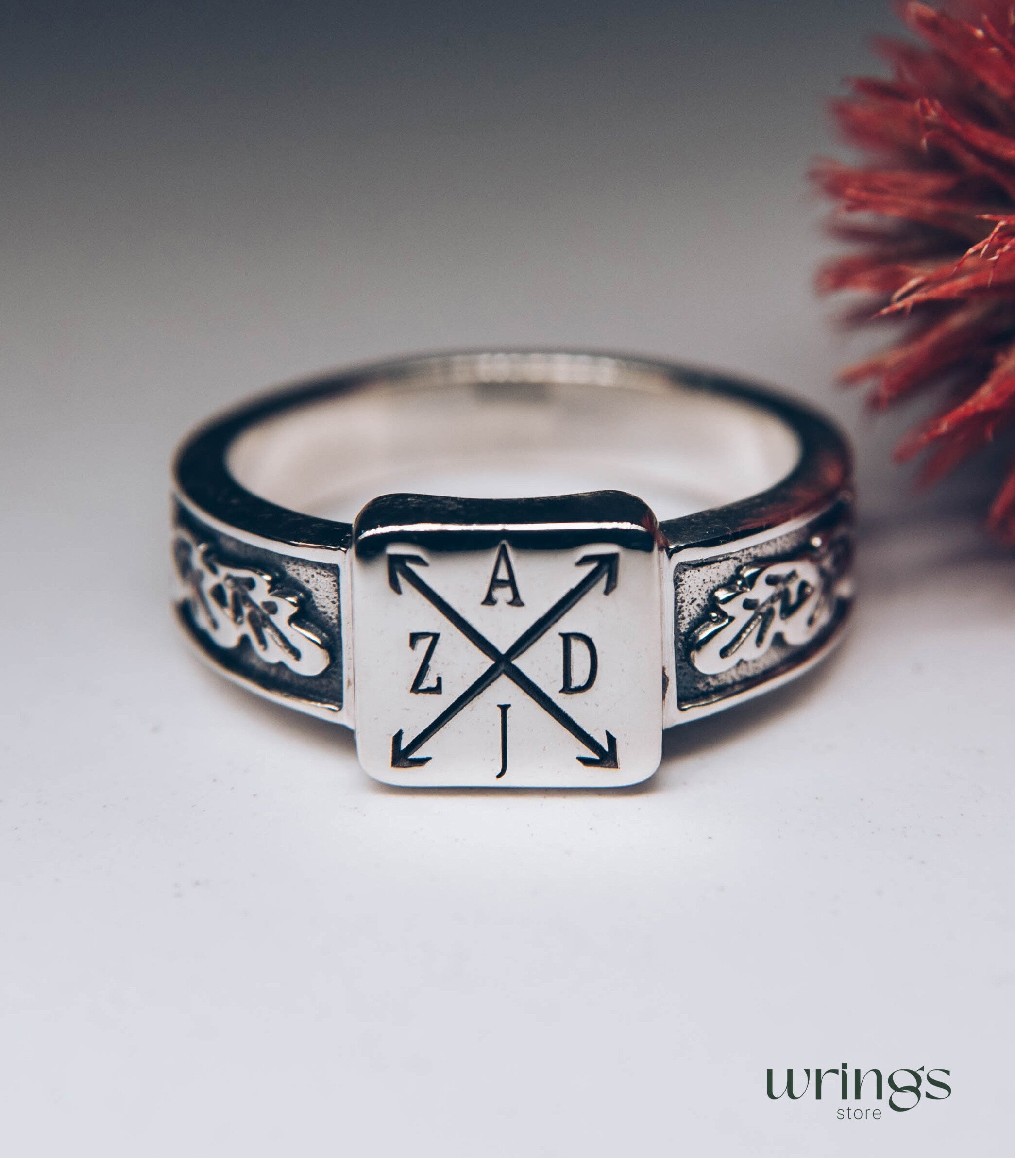 Initials and Monogram Signet Ring Engraved Oak Leaves