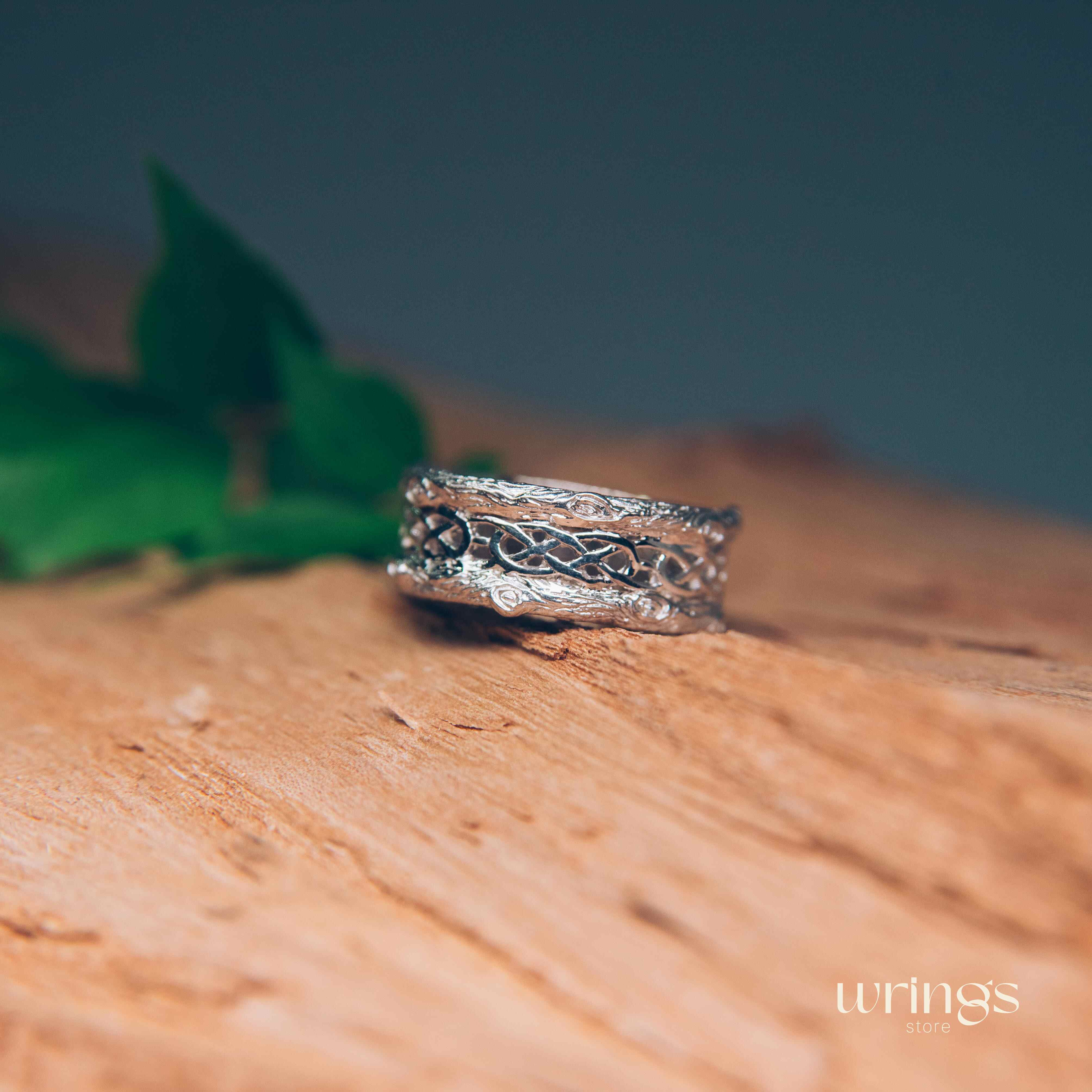 Unique Shiny Silver Celtic Style Tree Bark Band Ring