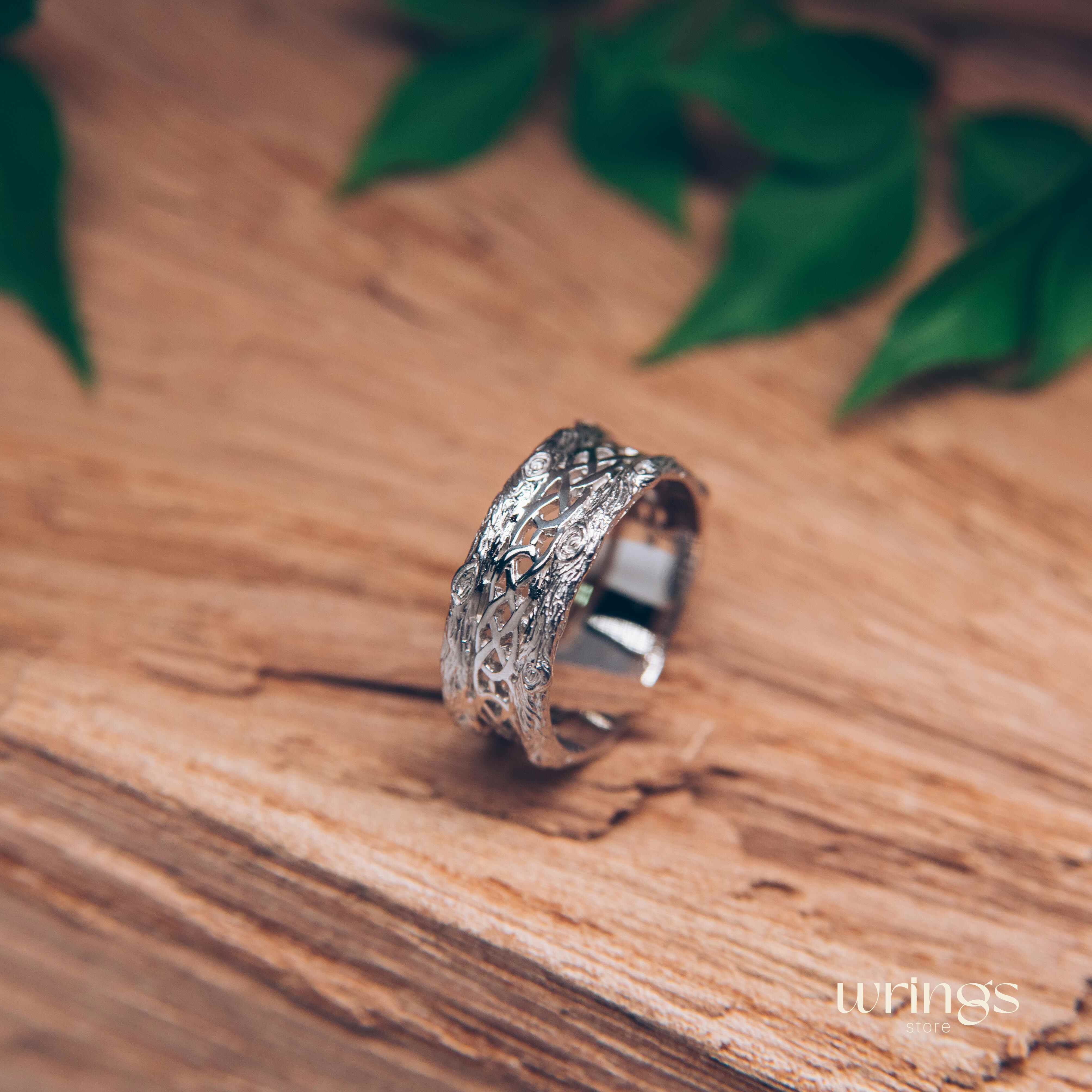 Unique Shiny Silver Celtic Style Tree Bark Band Ring