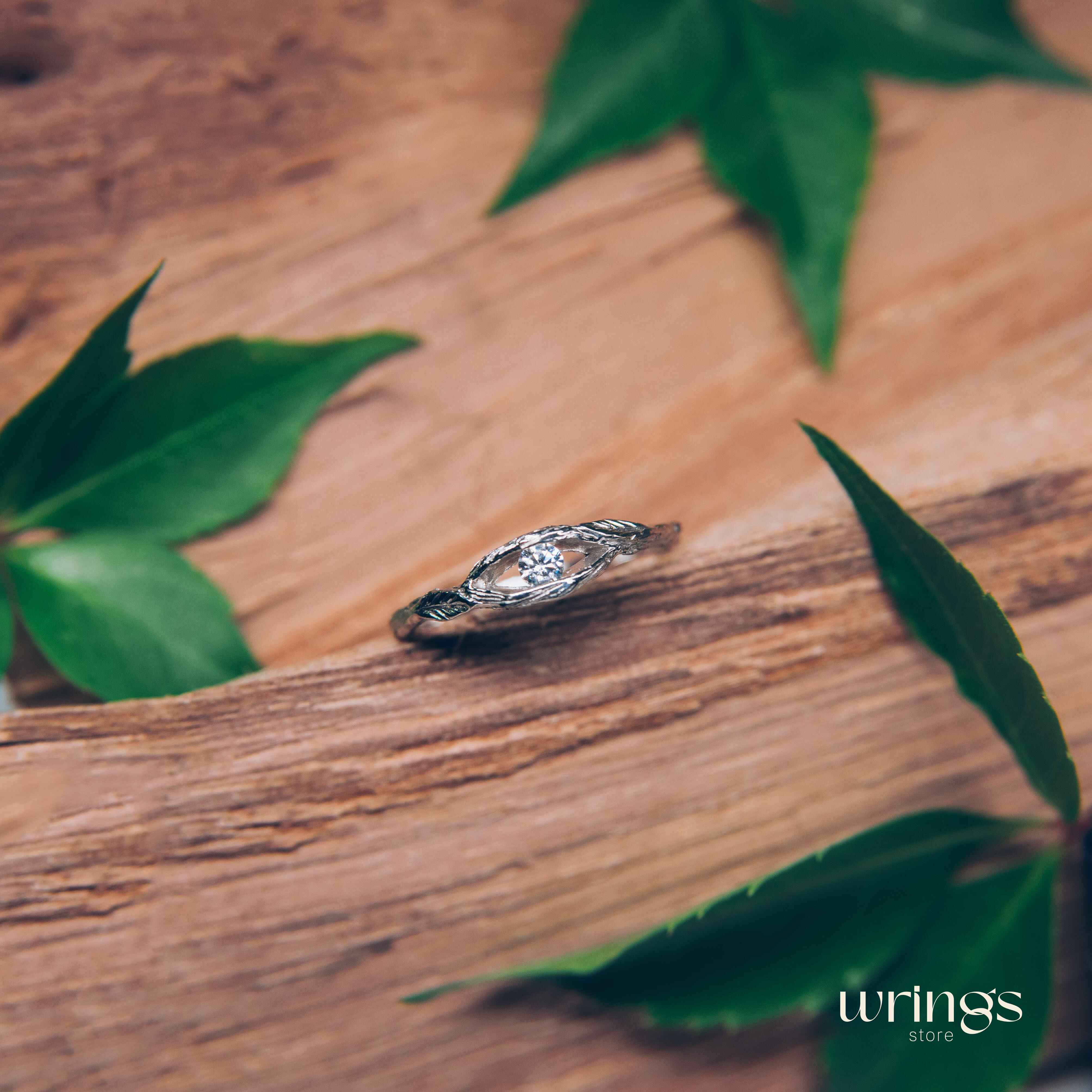 White Zirconia Stone in Twig Engagement Ring with Leaves