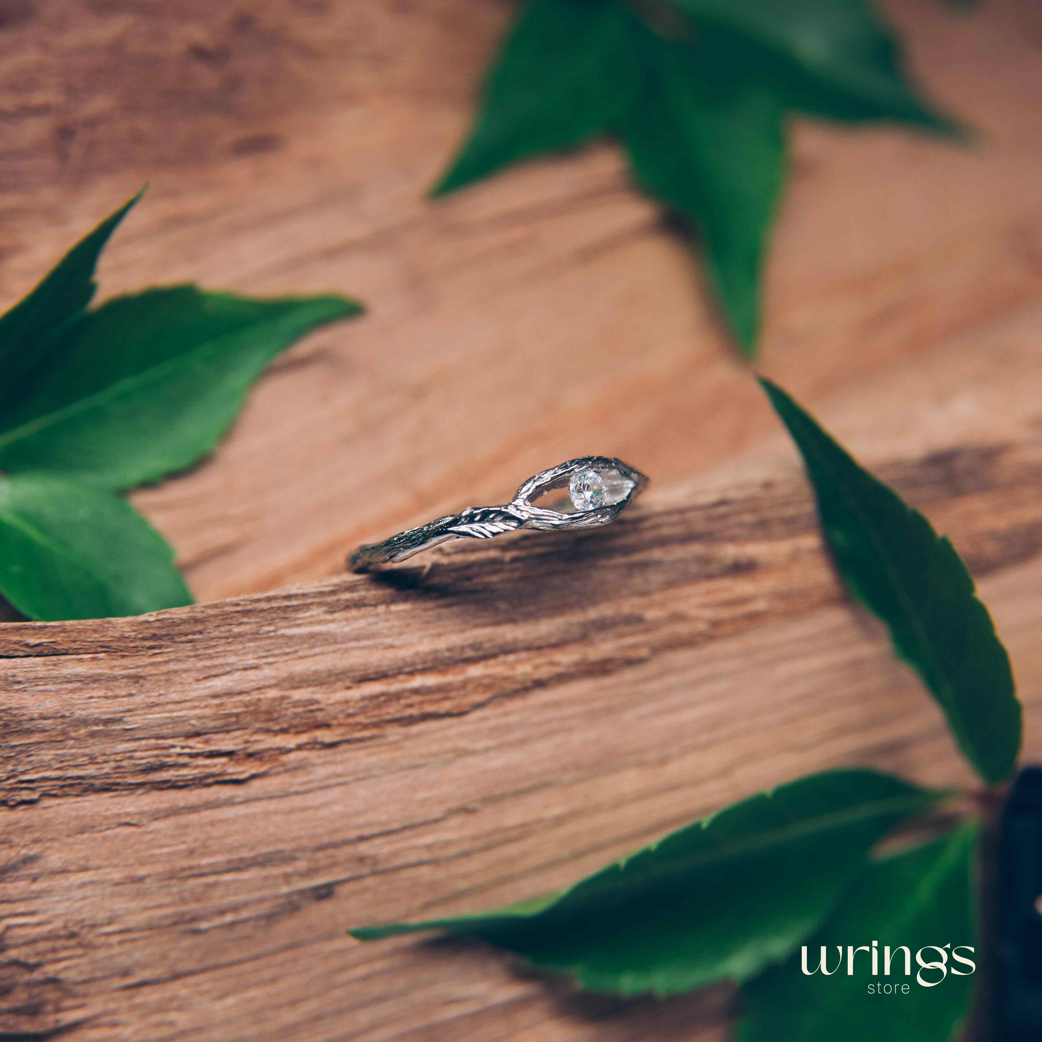 White Zirconia Stone in Twig Engagement Ring with Leaves