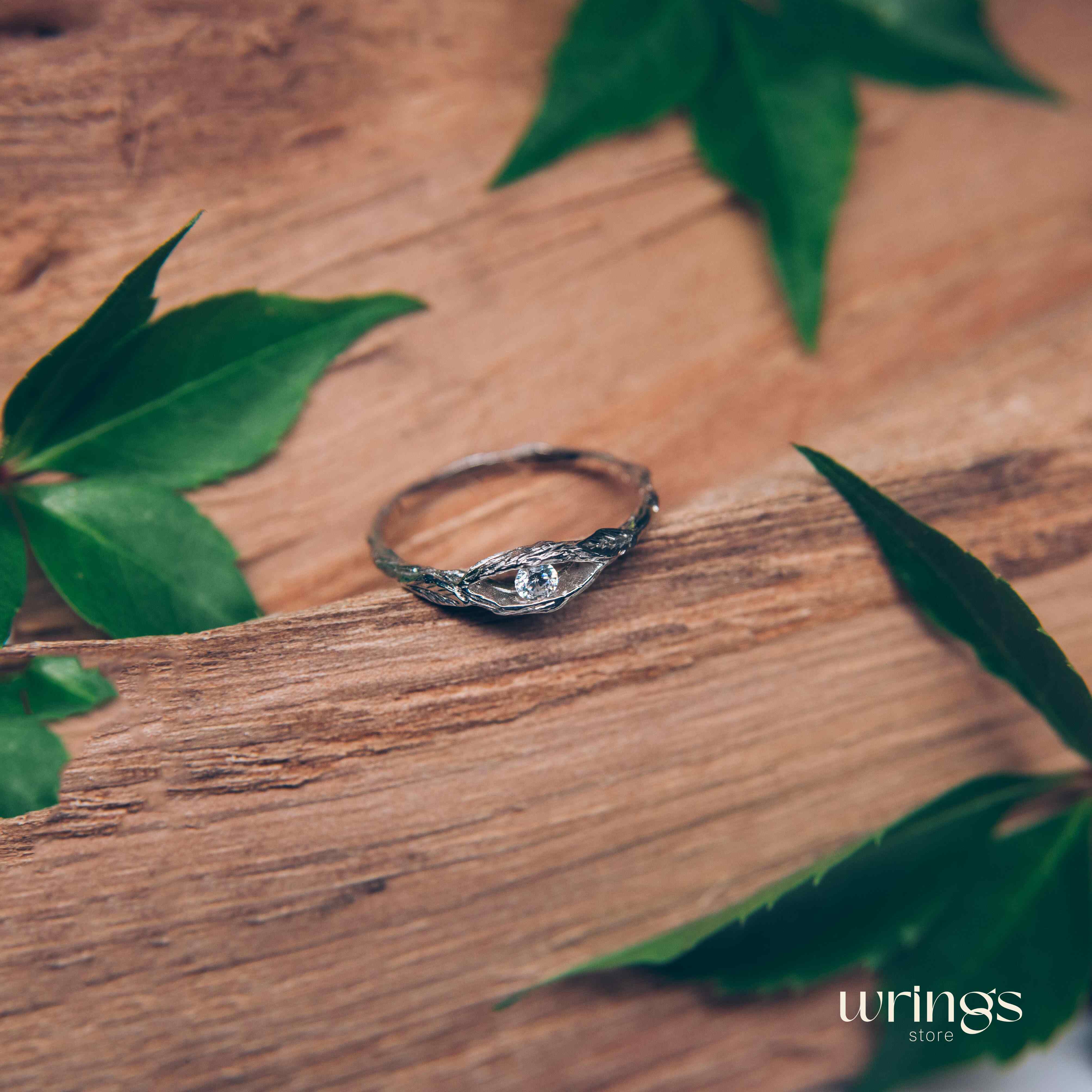 White Zirconia Stone in Twig Engagement Ring with Leaves