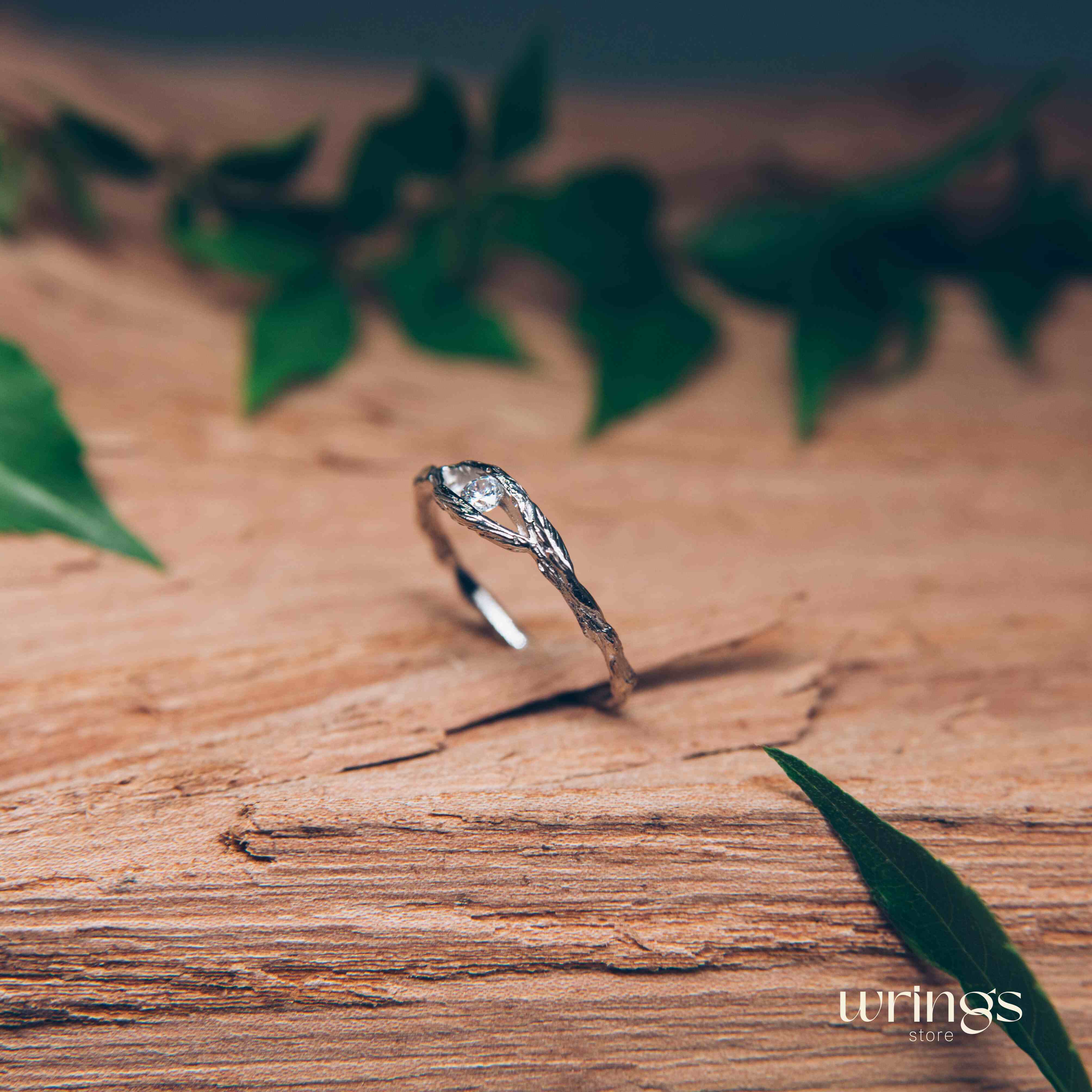 White Zirconia Stone in Twig Engagement Ring with Leaves