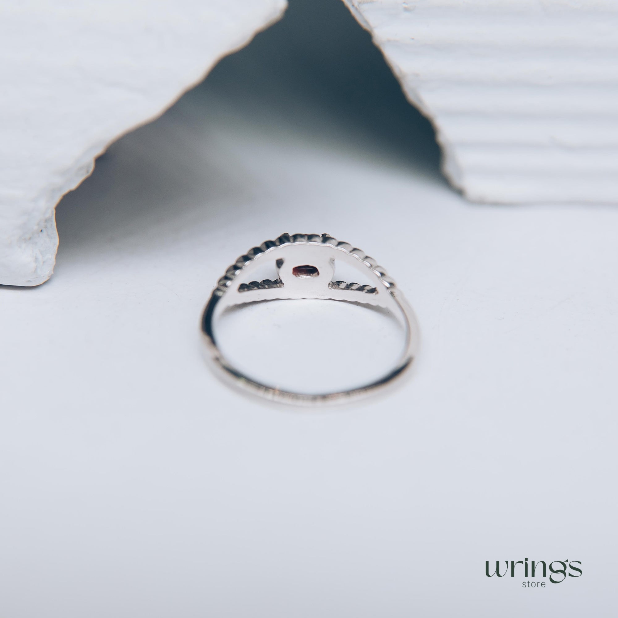 Garnet Gem Silver Beaded Evil Eye Engagement Ring