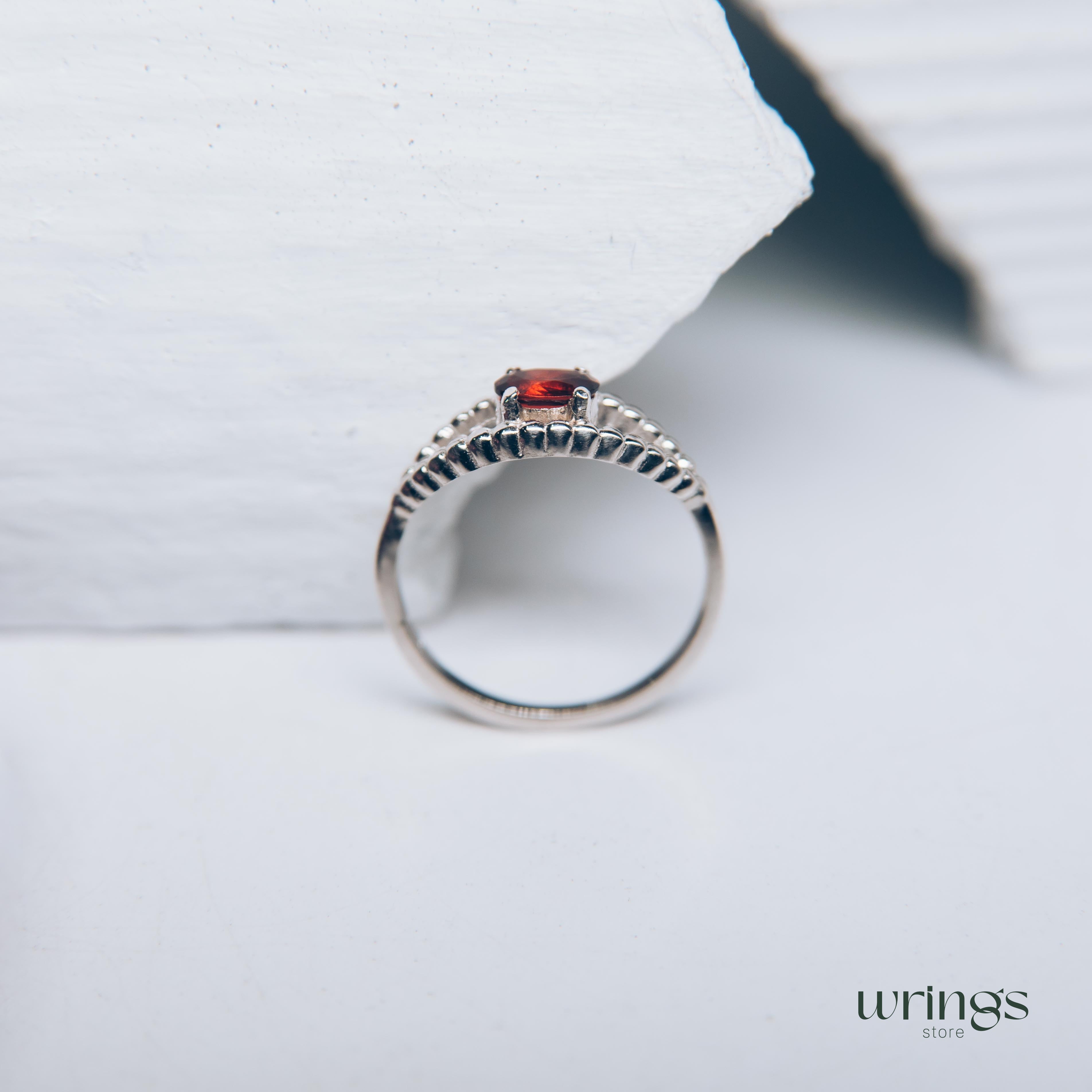 Garnet Gem Silver Beaded Evil Eye Engagement Ring