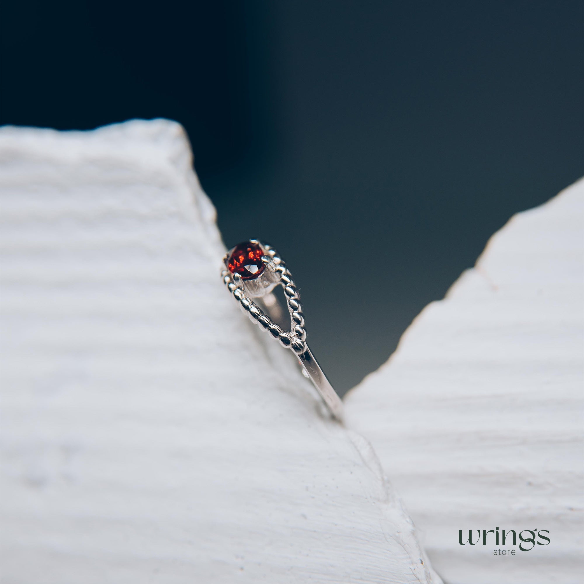 Garnet Gem Silver Beaded Evil Eye Engagement Ring