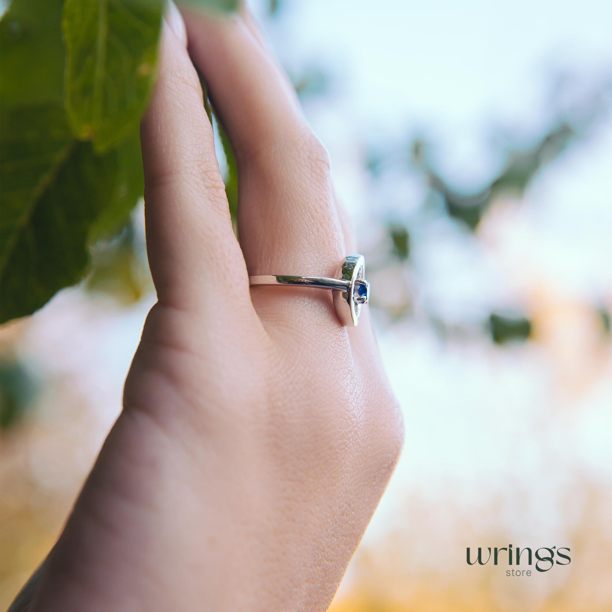 Blue Sapphire & CZ Silver Round Open Engagement Ring