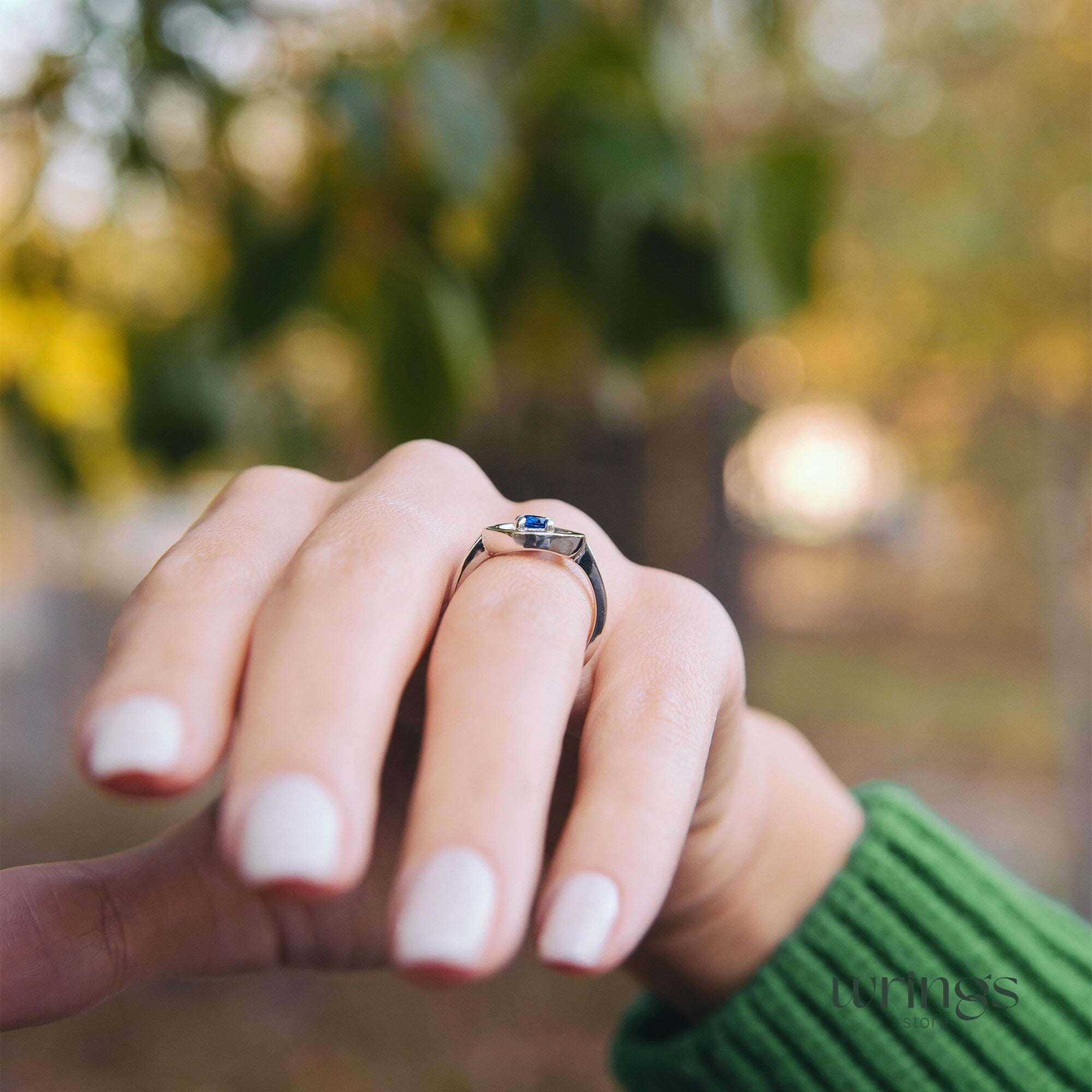 Blue Sapphire & CZ Silver Round Open Engagement Ring