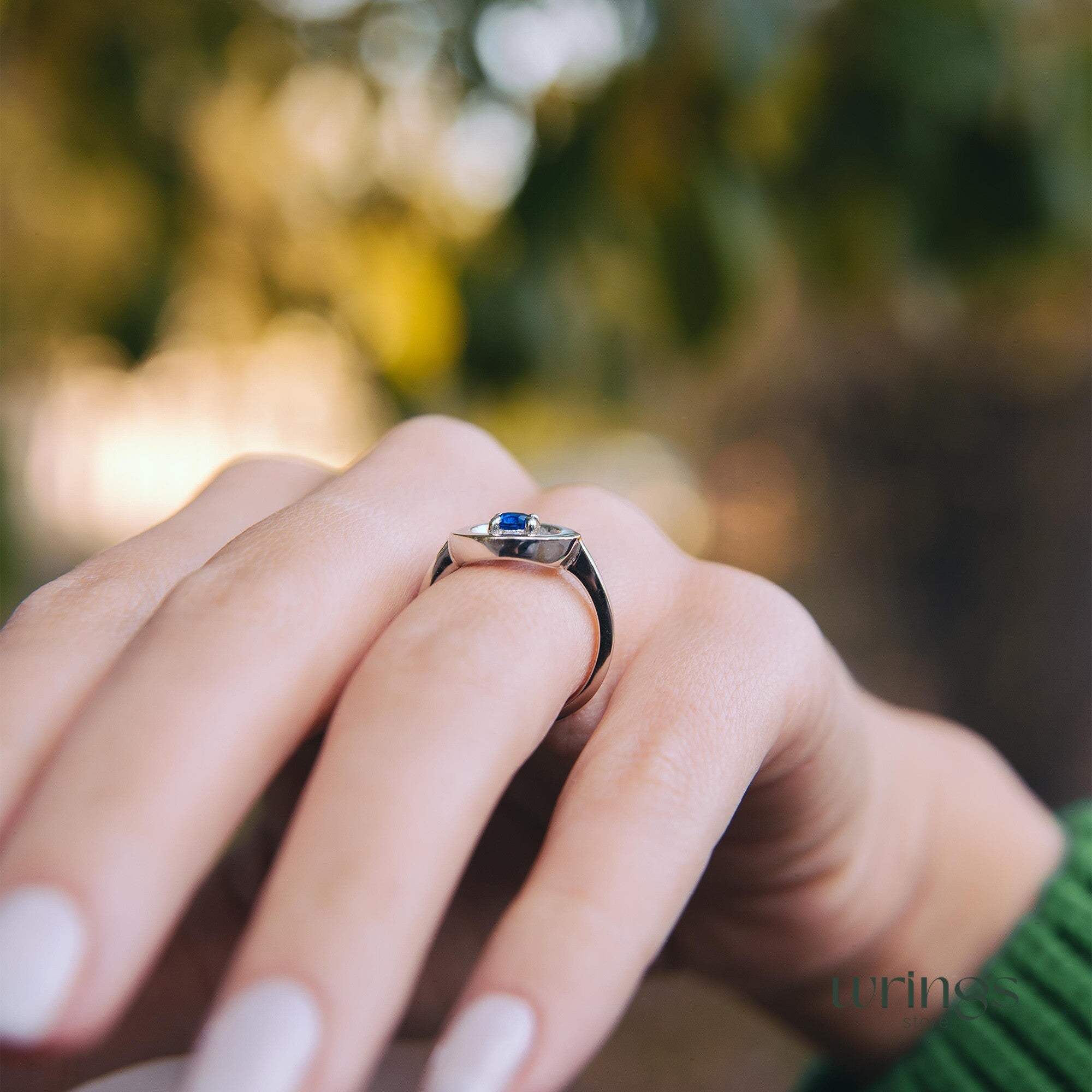 Blue Sapphire & CZ Silver Round Open Engagement Ring