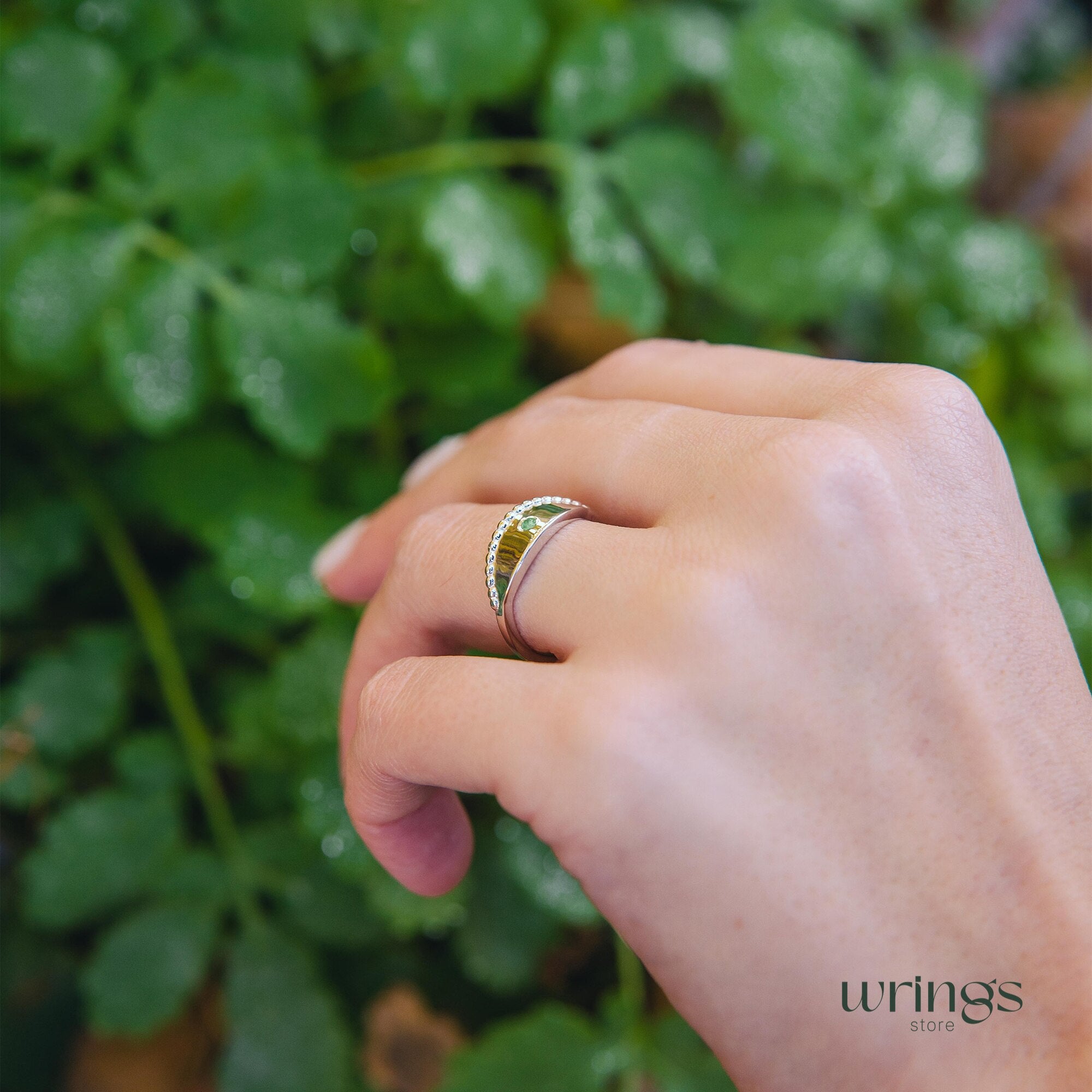 Beaded Silver & Emerald Evil Eye Ring Boho Style