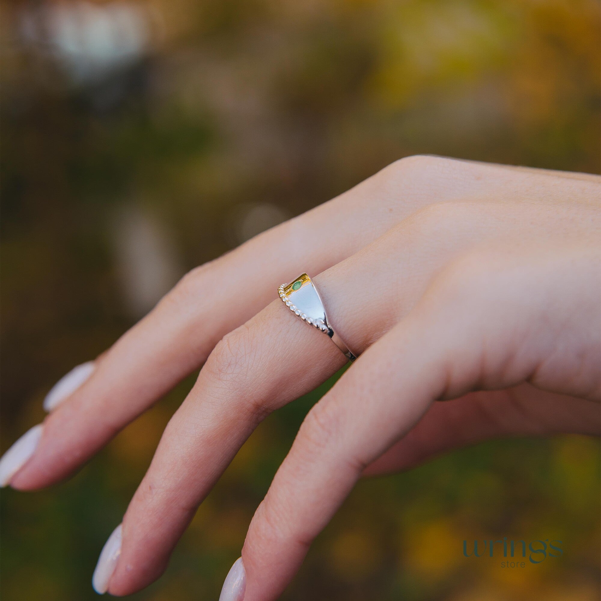 Beaded Silver & Emerald Evil Eye Ring Boho Style
