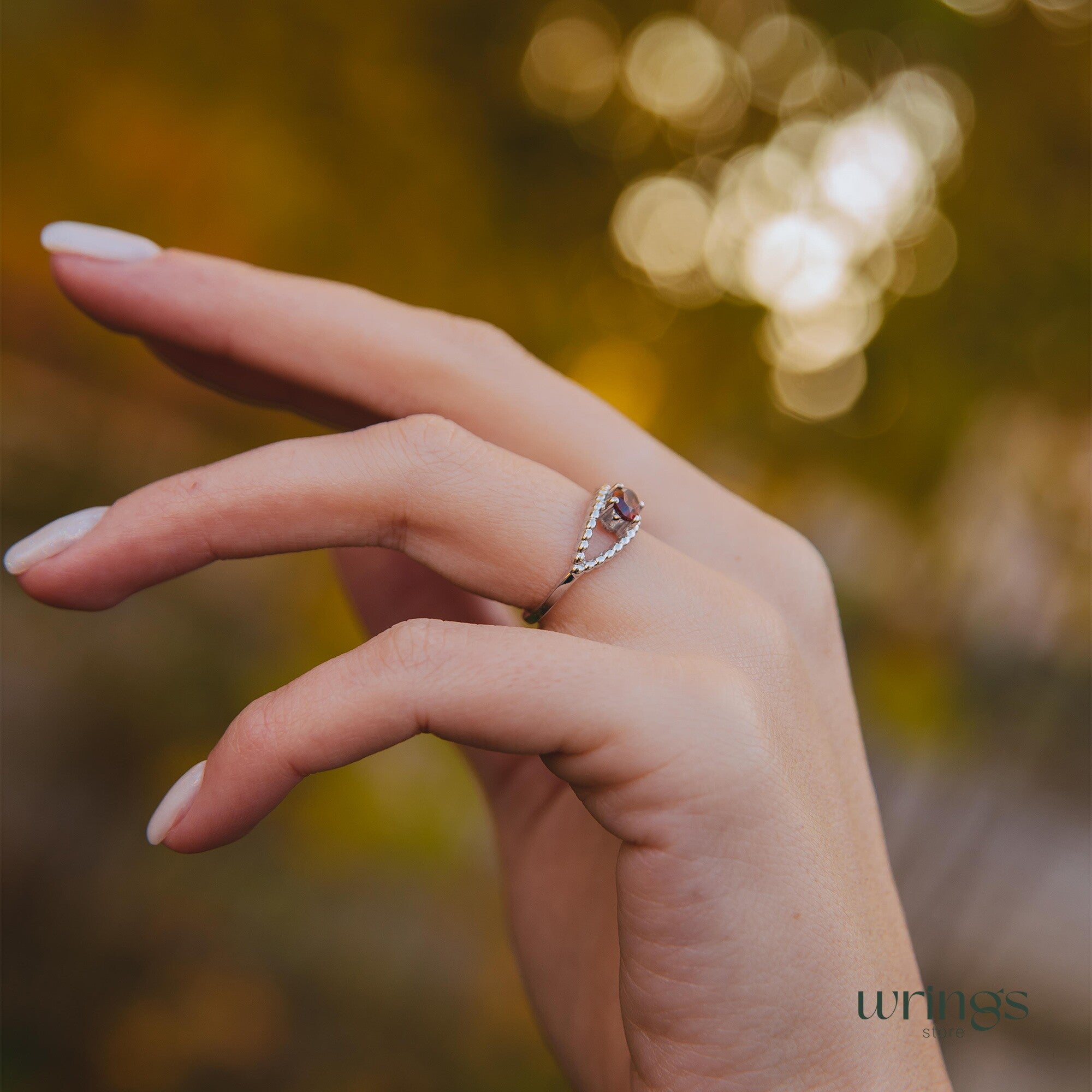 Garnet Gem Silver Beaded Evil Eye Engagement Ring