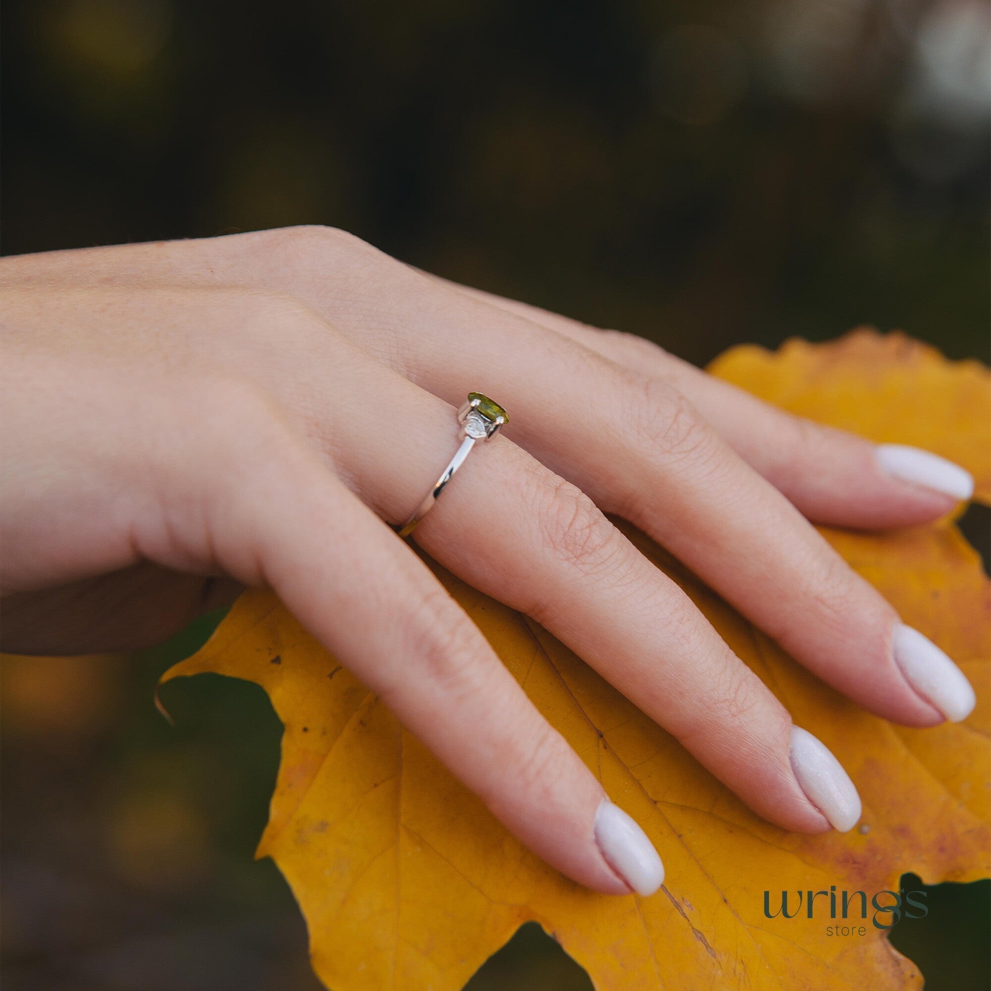 Peridot & CZ Heart Silver Engagement Ring