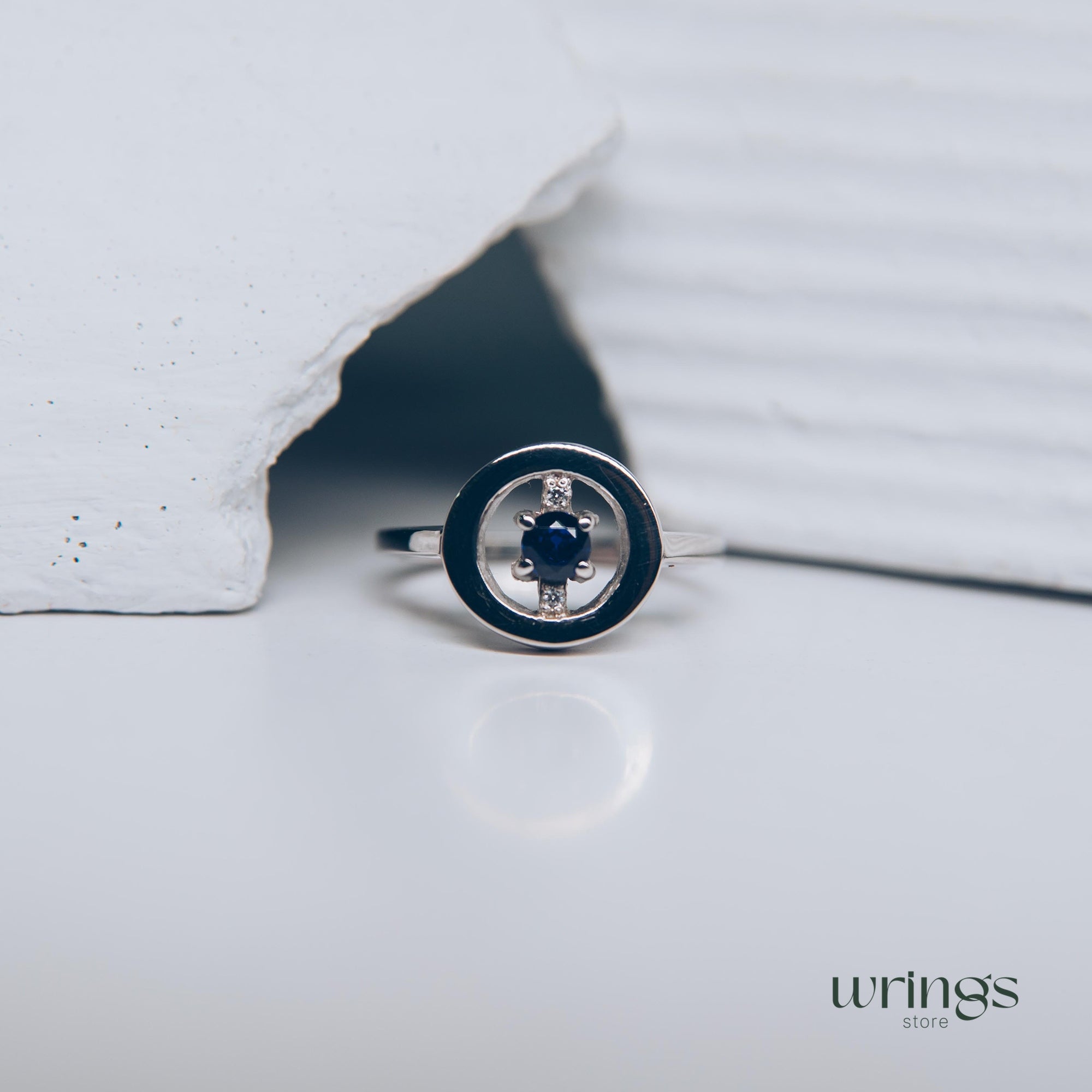 Blue Sapphire & CZ Silver Round Open Engagement Ring