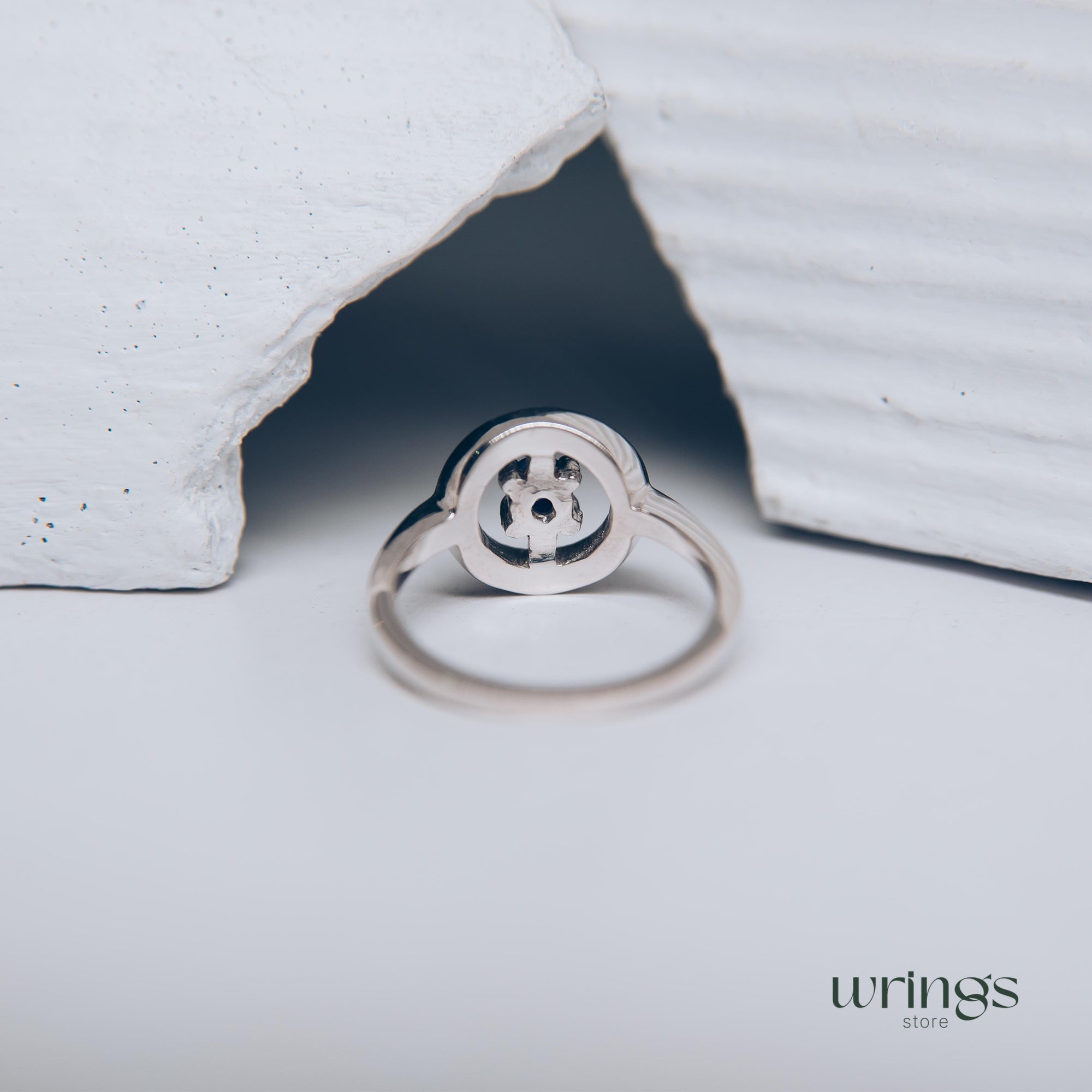 Blue Sapphire & CZ Silver Round Open Engagement Ring