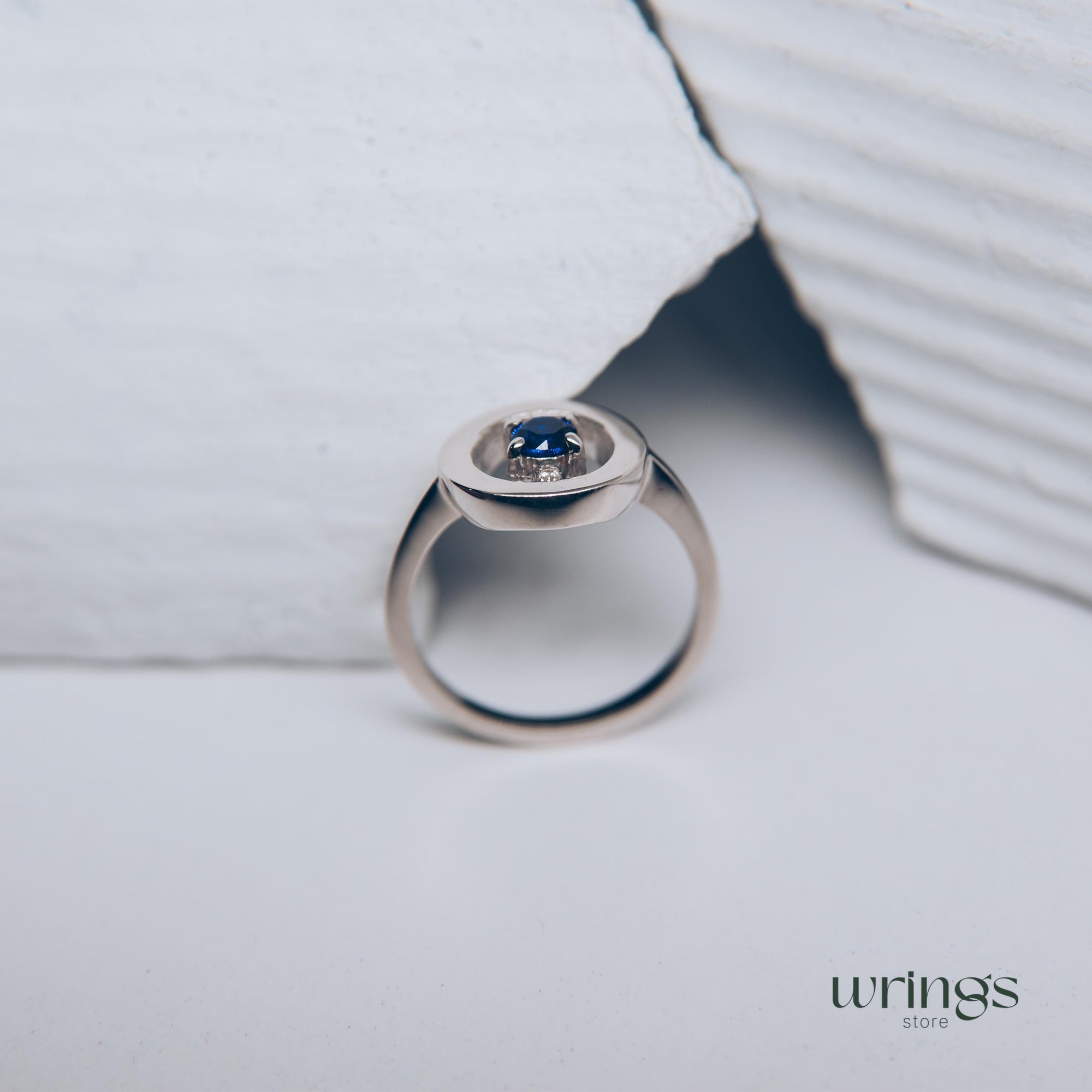 Blue Sapphire & CZ Silver Round Open Engagement Ring