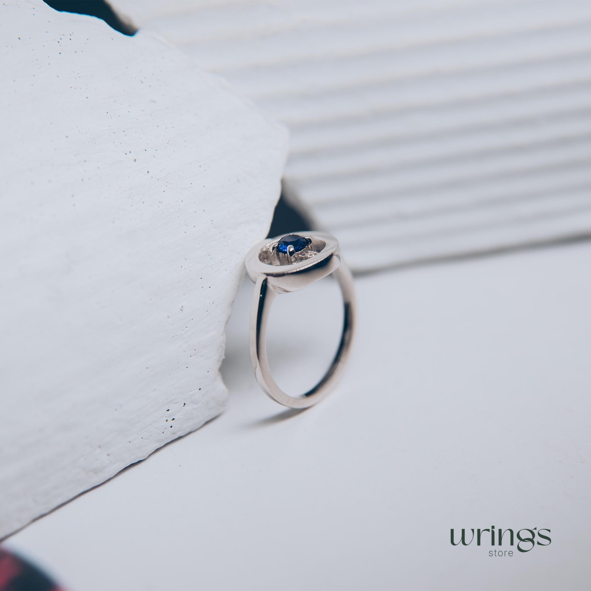 Blue Sapphire & CZ Silver Round Open Engagement Ring