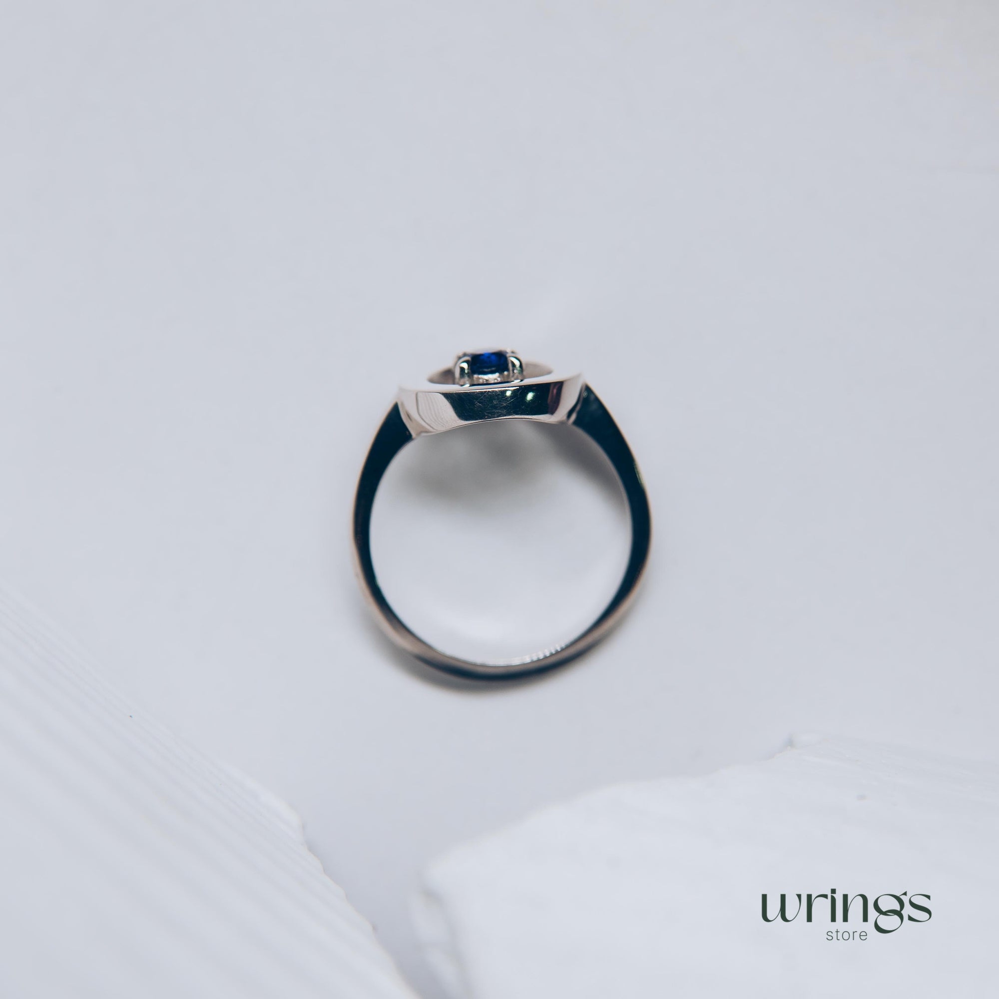 Blue Sapphire & CZ Silver Round Open Engagement Ring