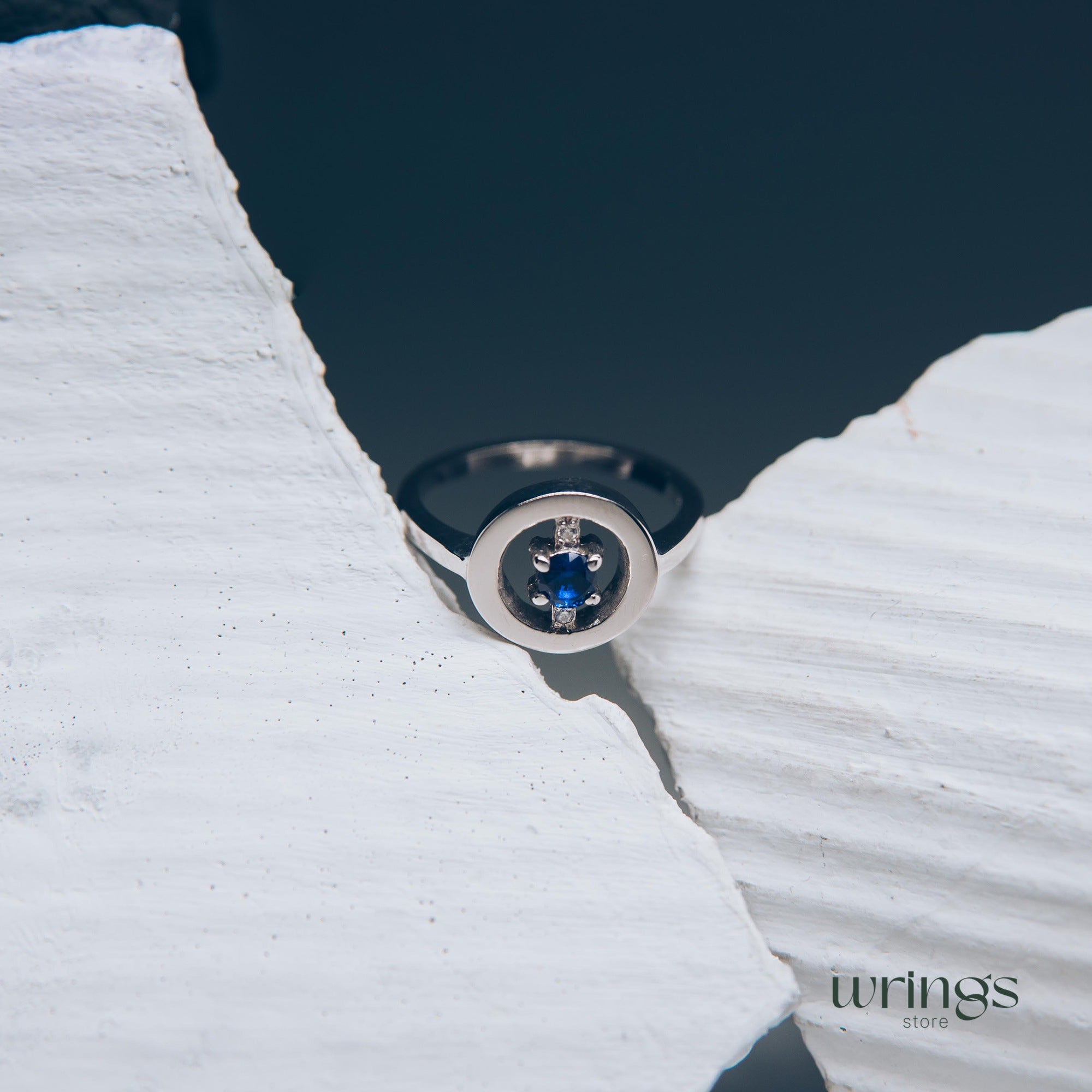 Blue Sapphire & CZ Silver Round Open Engagement Ring