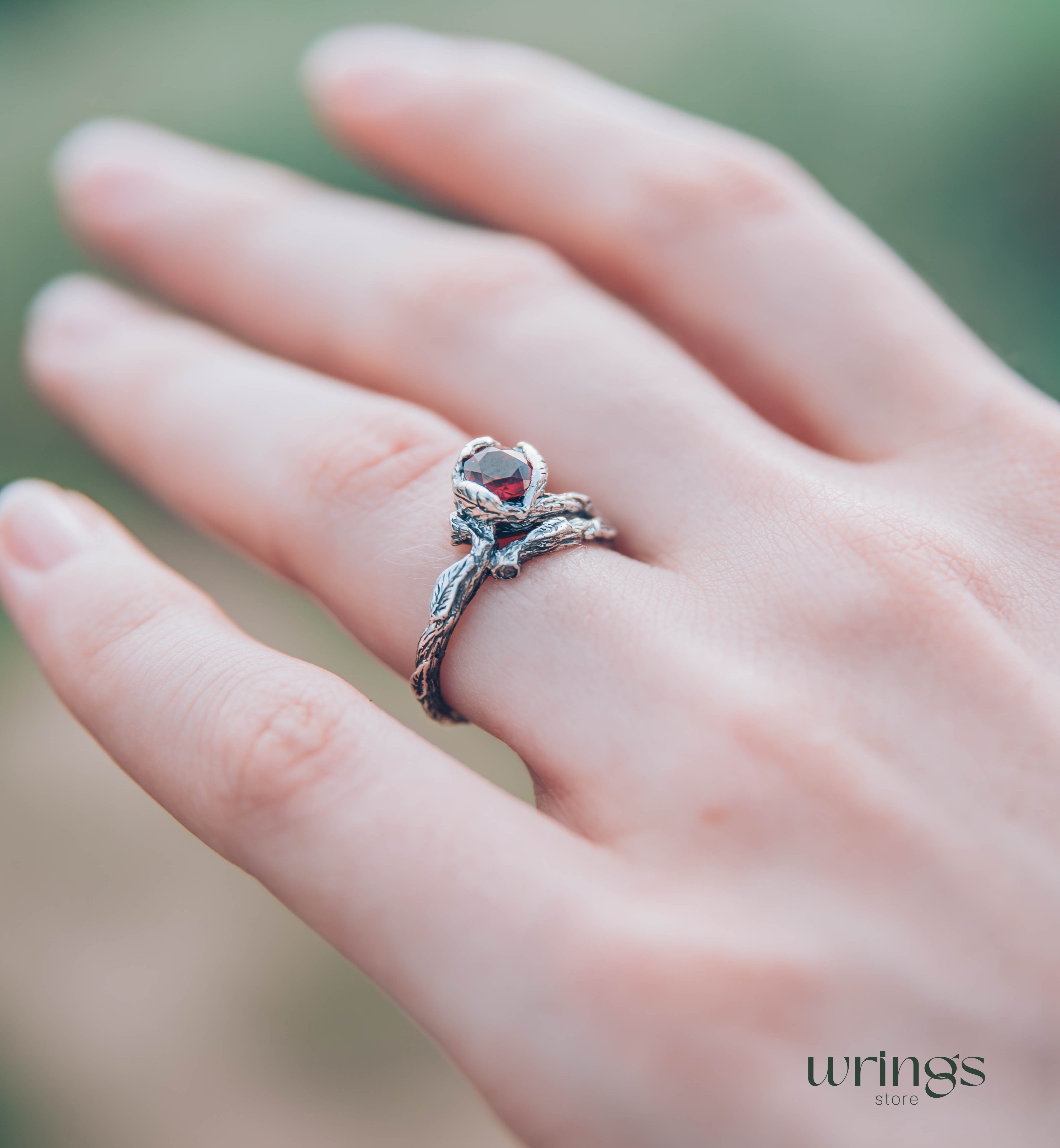 Unusual Branch and Leaves Silver Garnet Engagement Ring
