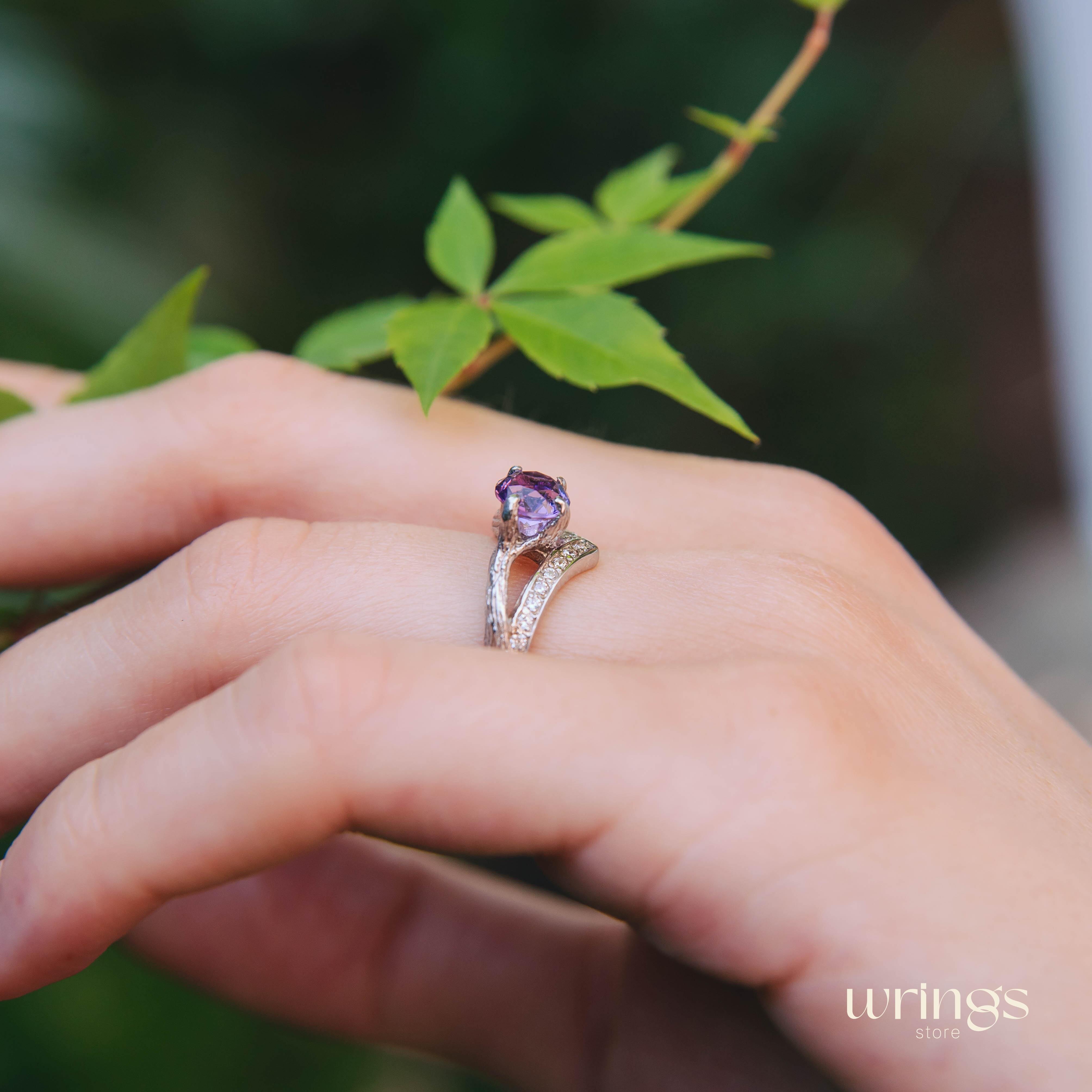 Amethyst & CZ Silver Branch Chevron Engagement Ring