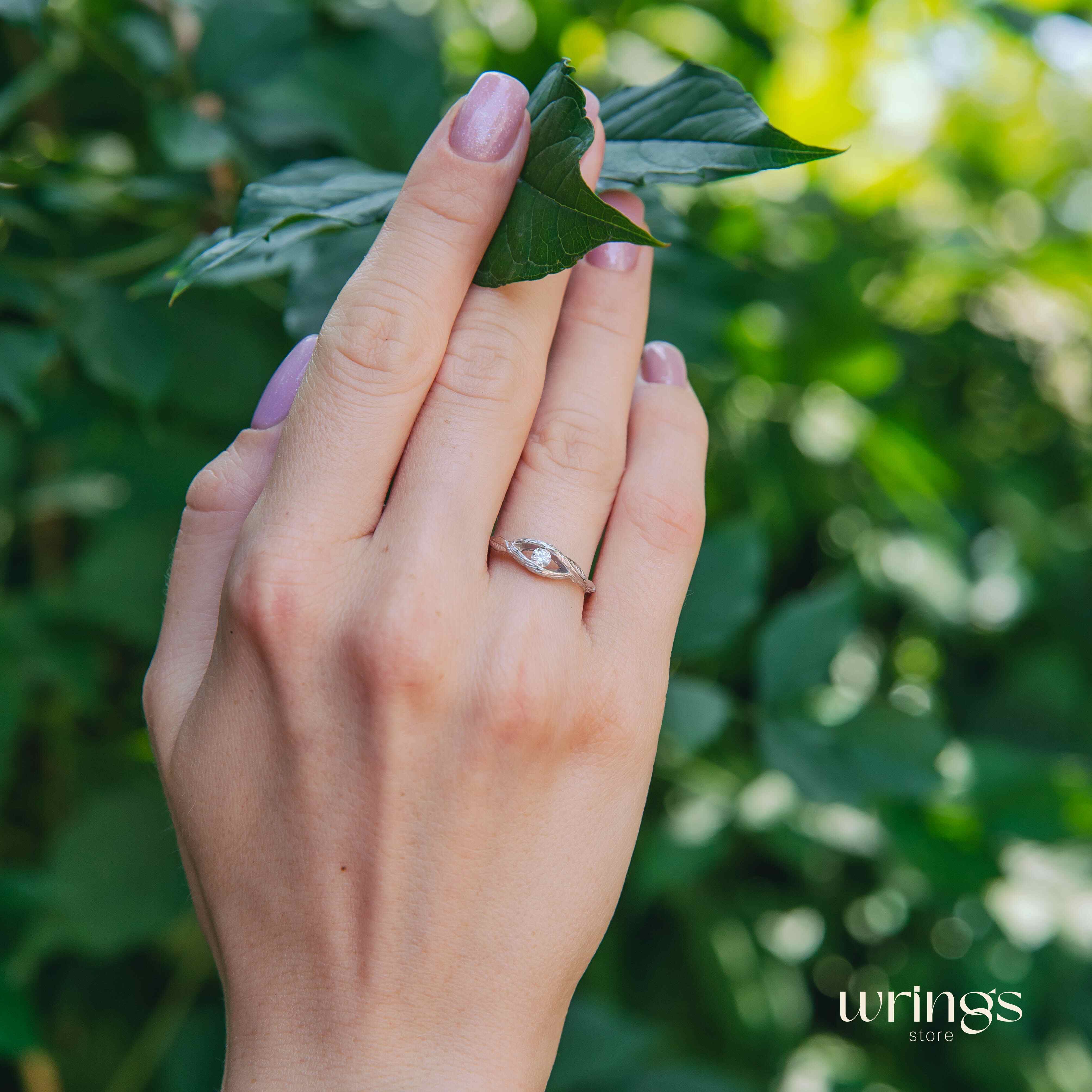 White Zirconia Stone in Twig Engagement Ring with Leaves